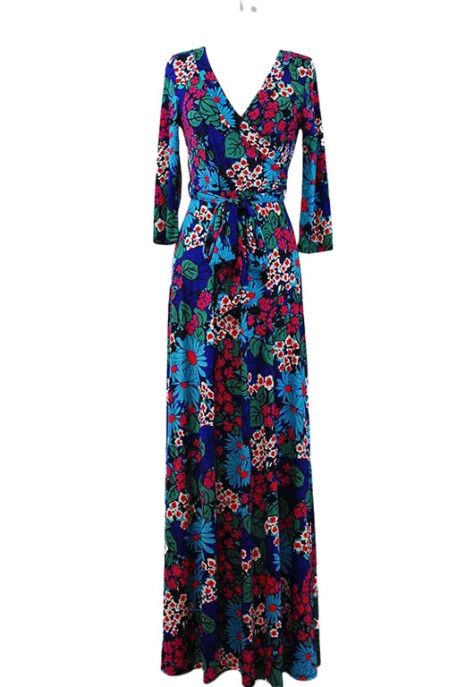 Floral Print 3/4 Sleeves Maxi Wrap Long Dress Blue SurelyMine
