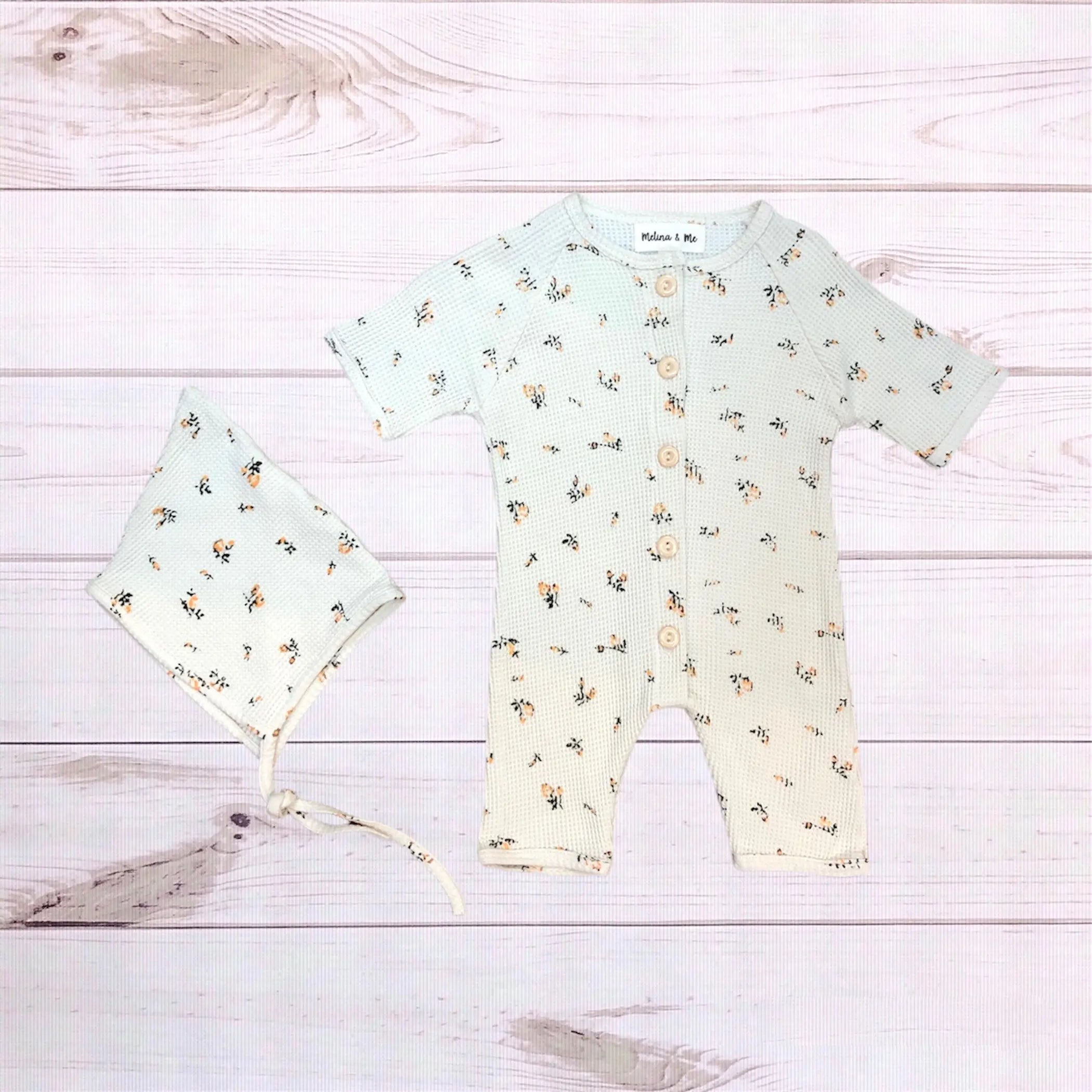 Floral Waffle Knit Romper w/ Bonnet Melina & Me