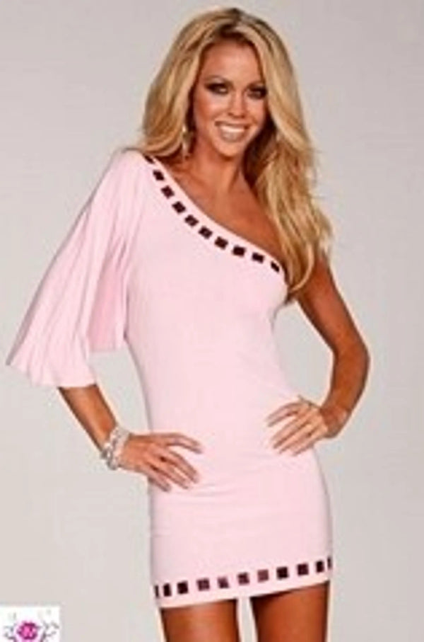 Flouncy One Sleeve Dress with Nailhead Trim SurelyMine