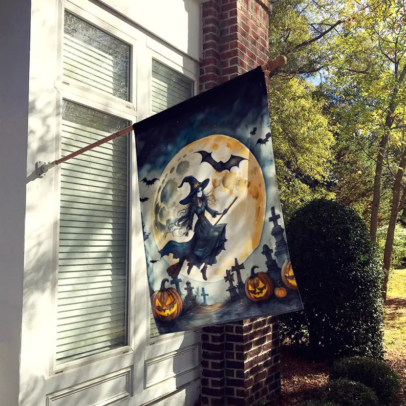 Flying Witch Spooky Halloween House Flag Caroline's Treasures
