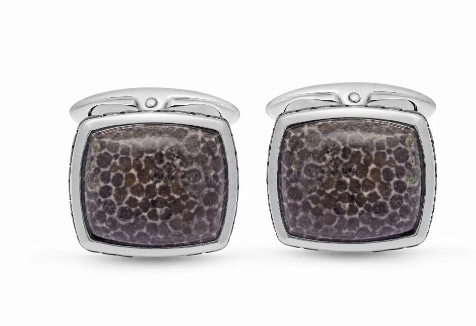 Fossil Agate Stone Cufflinks in Black Rhodium Plated Sterling Silver Luv My Jewelry