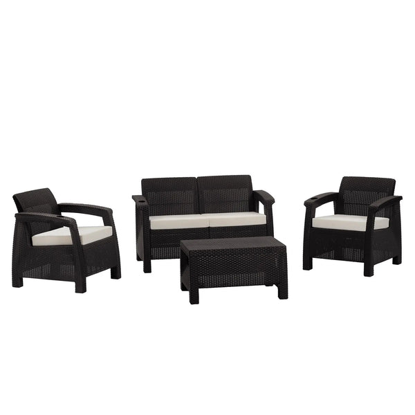 Four Piece Espresso and Beige Plastic Upholstered Cushions Outdoor Patio Set With Table Homeroots Outdoor