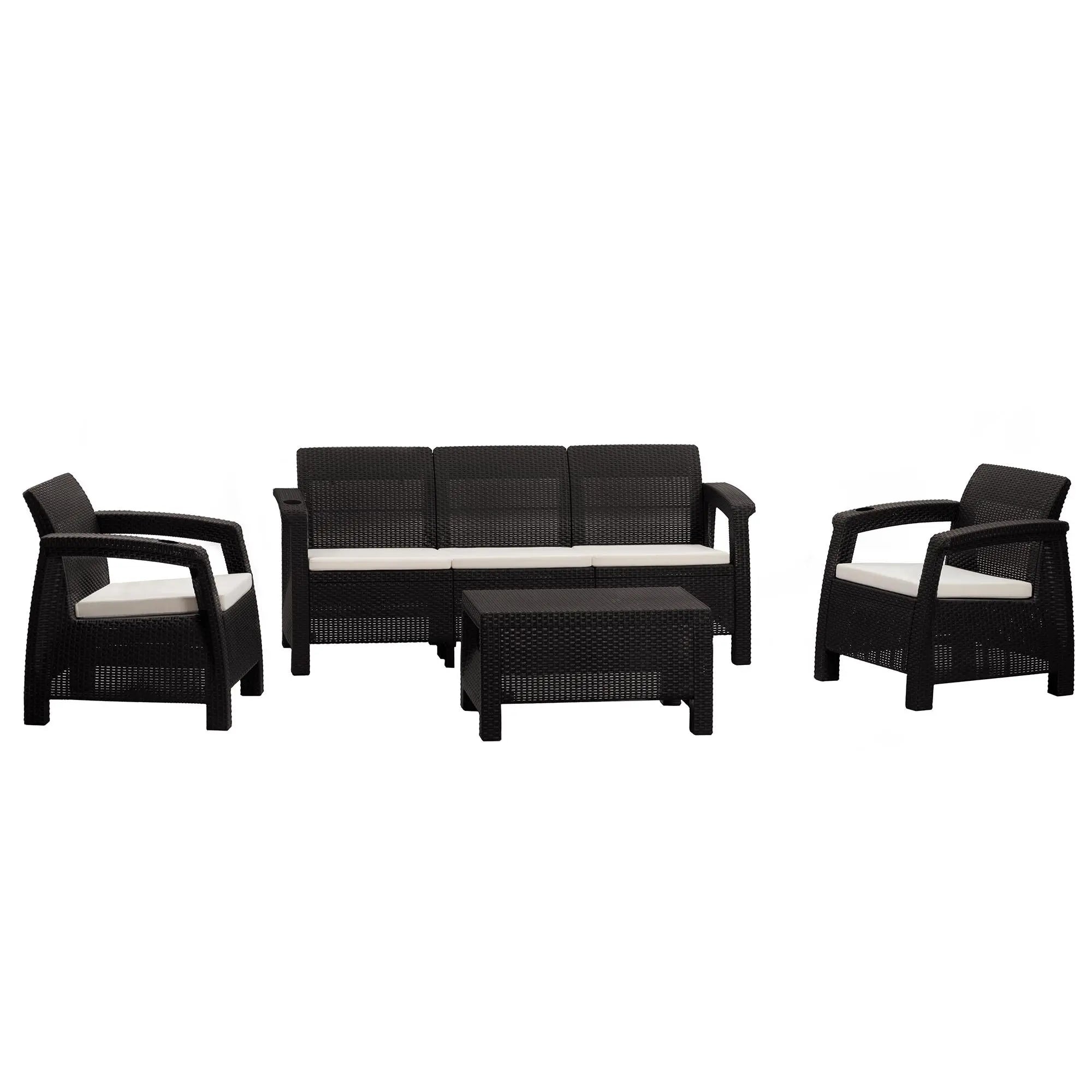 Four Piece Espresso and Beige Plastic Upholstered Cushions Outdoor Patio Set With Table Homeroots Outdoor