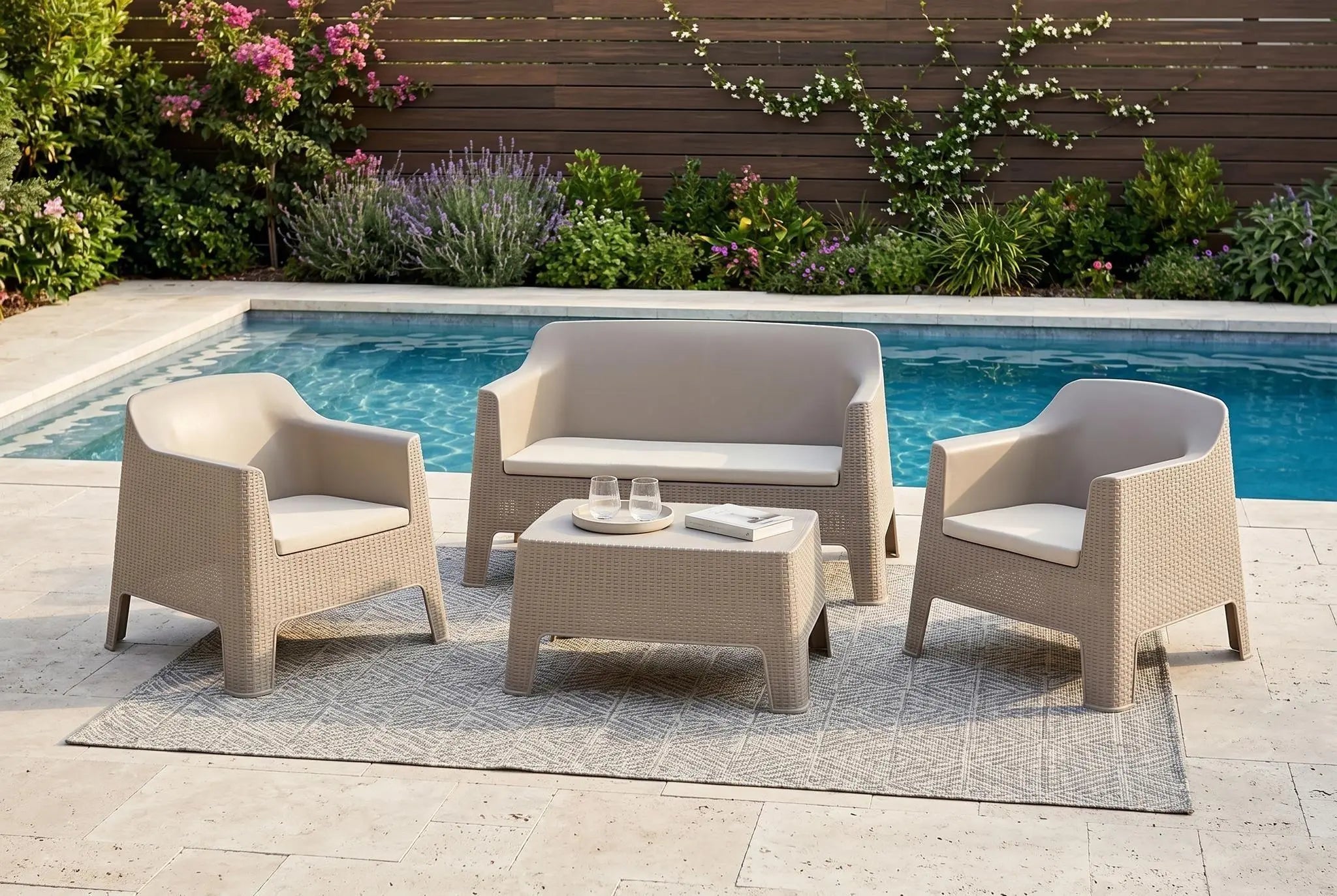 Four Piece Taupe and Beige Plastic Upholstered Cushions Outdoor Patio Set With Table Homeroots Outdoor