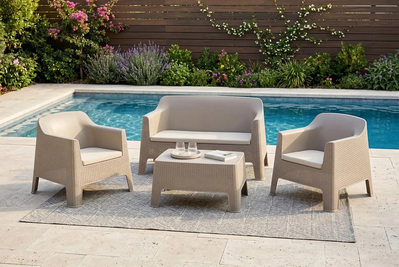 Four Piece Taupe and Beige Plastic Upholstered Cushions Outdoor Patio Set With Table Homeroots Outdoor