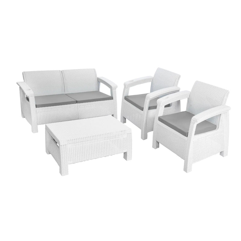 Four Piece White and Beige Plastic Upholstered Cushions Outdoor Patio Set With Table Homeroots Outdoor