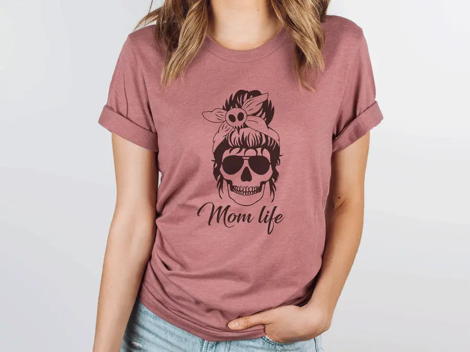 Funny Mom Life skull and messy bun shirt Stiles Tee