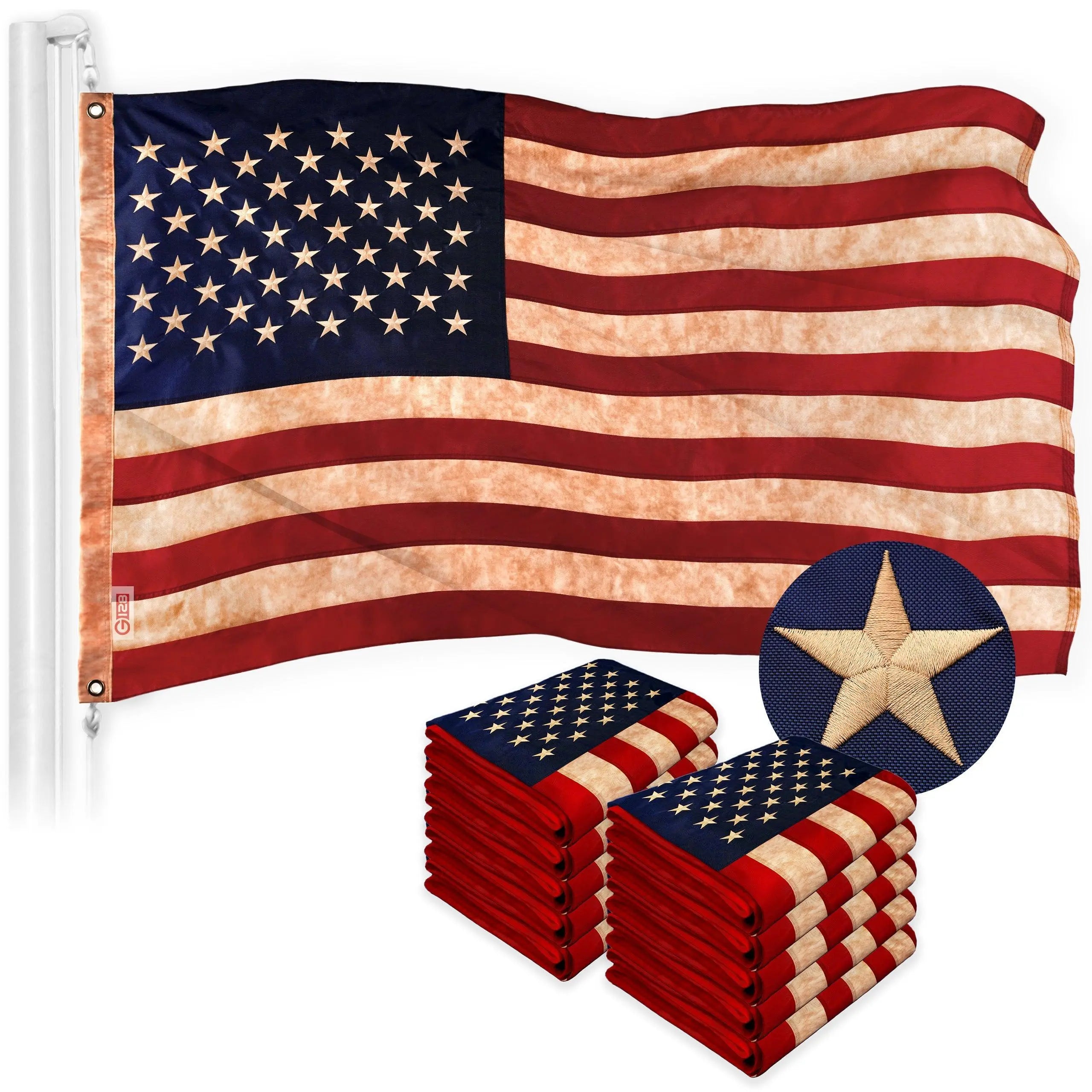 G128 10 Pack: American USA Tea-Stained Flag | 3x5 Ft | ToughWeave Pro Series Embroidered 420D Polyester | Embroidered Stars G128