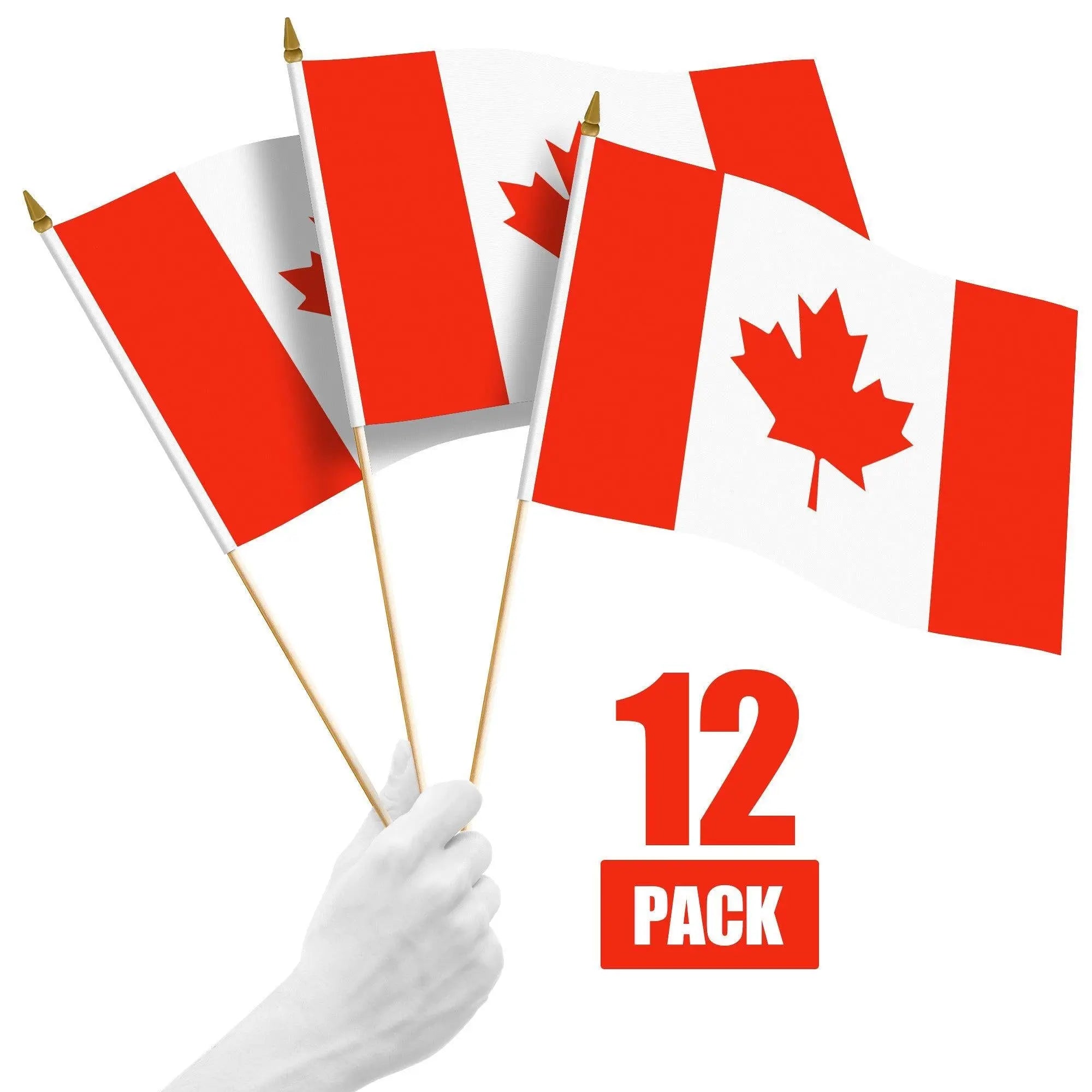 G128 12 Pack Handheld Canada Canadian Stick Flags | 12x18 In | Printed 150D Polyester, Country Flag, Solid Wooden Stick, Spear Gold Tip G128