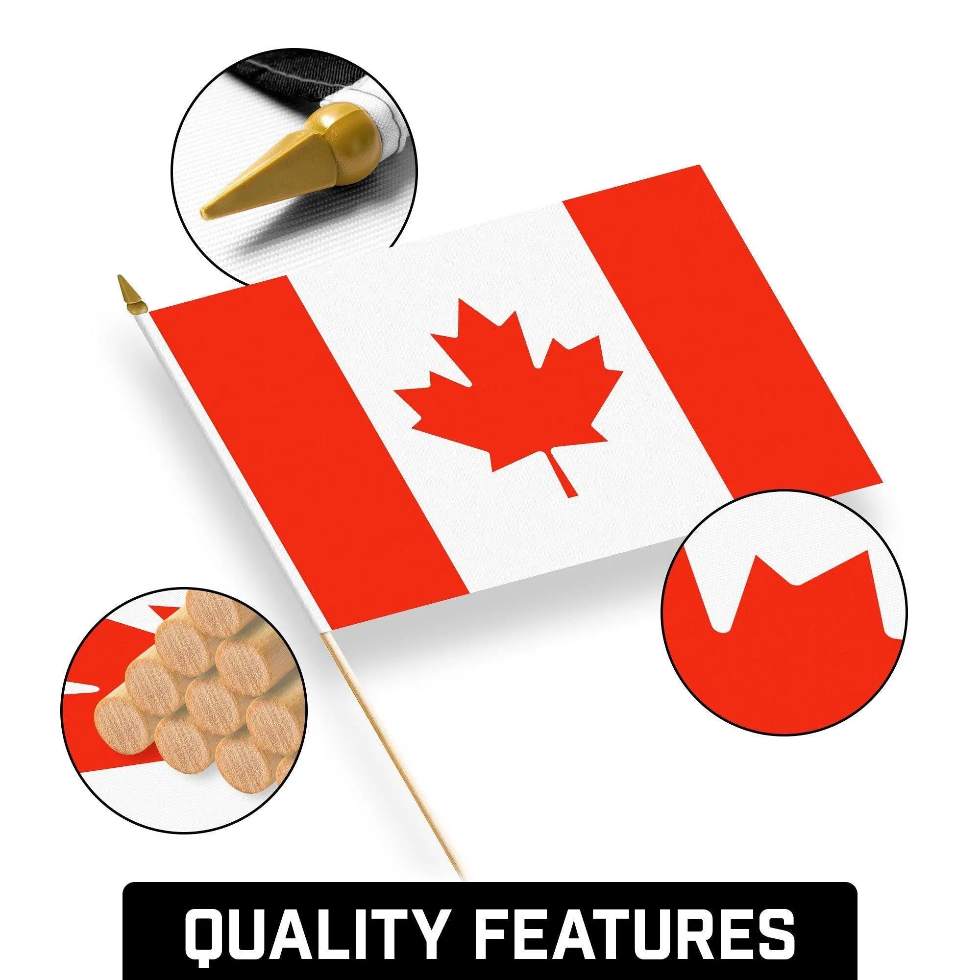 G128 12 Pack Handheld Canada Canadian Stick Flags | 12x18 In | Printed 150D Polyester, Country Flag, Solid Wooden Stick, Spear Gold Tip G128