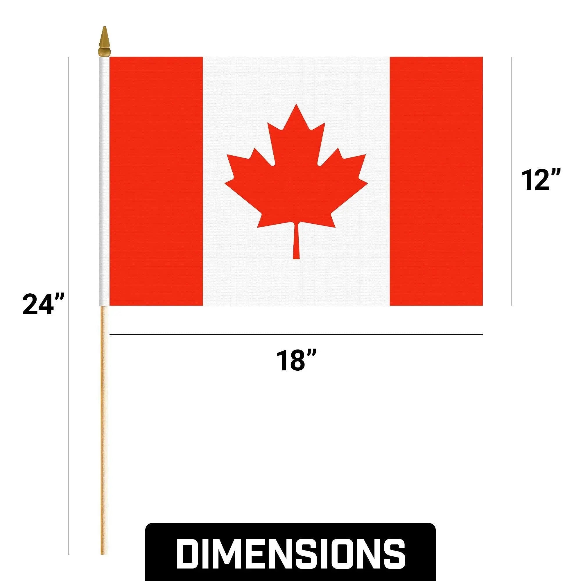 G128 12 Pack Handheld Canada Canadian Stick Flags | 12x18 In | Printed 150D Polyester, Country Flag, Solid Wooden Stick, Spear Gold Tip G128