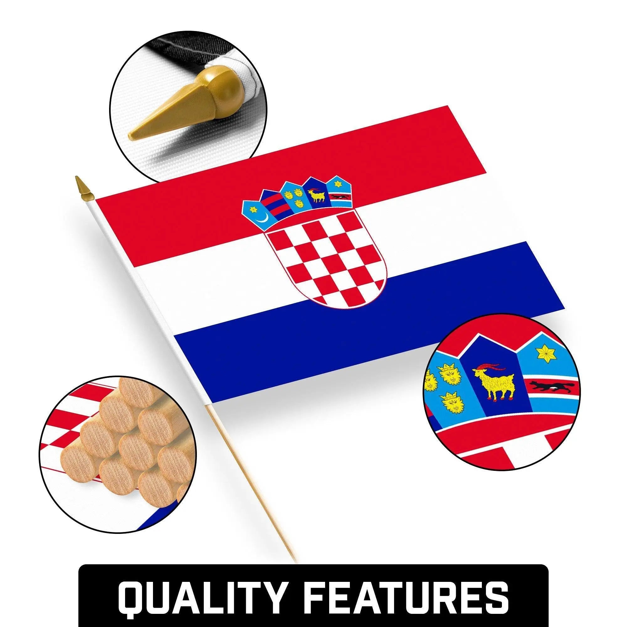 G128 12 Pack Handheld Croatia Croatian Stick Flags | 12x18 In | Printed 150D Polyester, Country Flag, Solid Wooden Stick, Spear Gold Tip G128