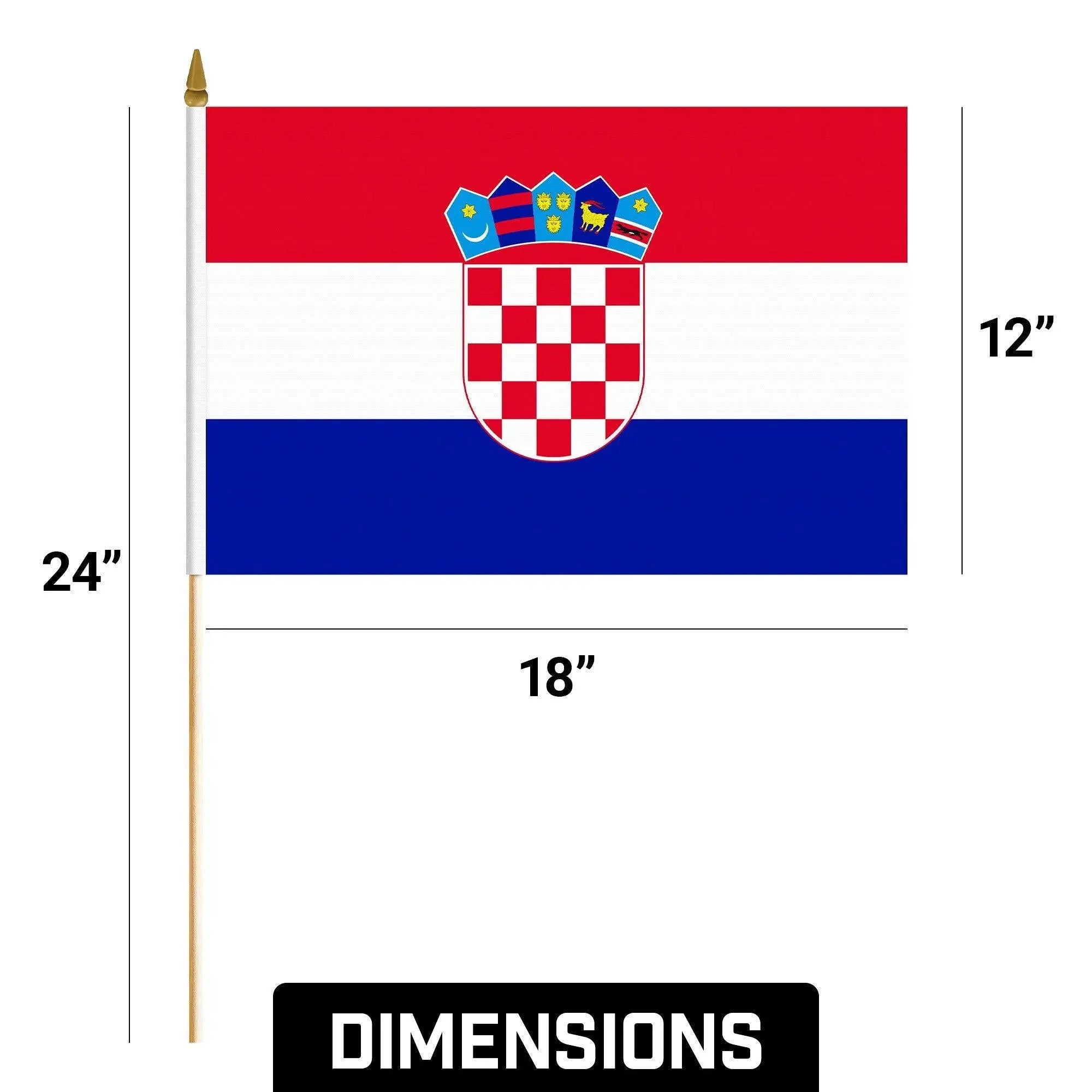 G128 12 Pack Handheld Croatia Croatian Stick Flags | 12x18 In | Printed 150D Polyester, Country Flag, Solid Wooden Stick, Spear Gold Tip G128