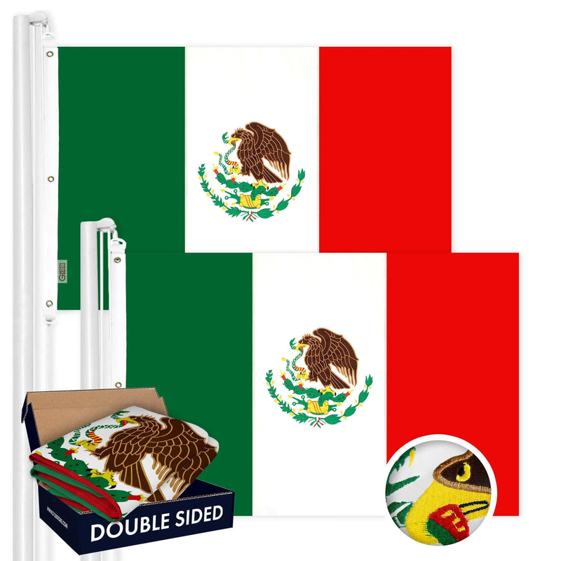 G128 2 Pack: Mexico Mexican Flag | 6x10 Ft | Double ToughWeave Series Double Sided Embroidered 210D Polyester | Country Flag, Embroidered Design, Indoor/Outdoor, Brass Grommets, Heavy Duty, 3-ply G128