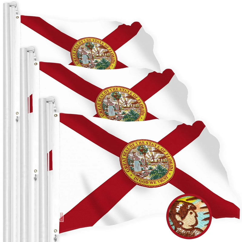 G128 3 Pack: Florida FL State Flag | 2.5x4 Ft | StormFlyer Series Embroidered 220GSM Spun Polyester | Embroidered Design, Indoor/Outdoor, Brass Grommets, Heavy Duty, All Weather G128
