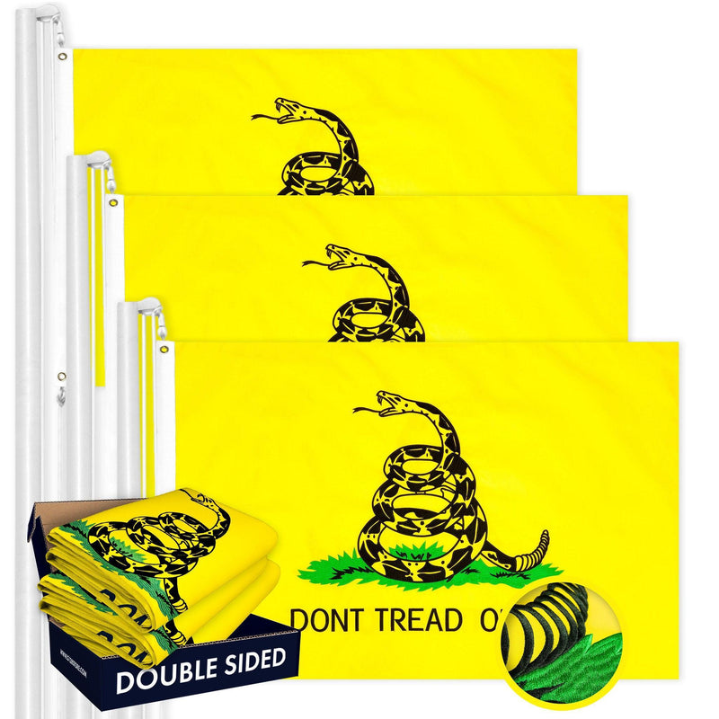 G128 3 Pack: Gadsden Don't Tread On Me Flag | 20x30 In | Double ToughWeave Series Double Sided Embroidered 210D Poly | Historical Flag, Embroidered Design, Brass Grommets, Heavy Duty, 3-ply G128