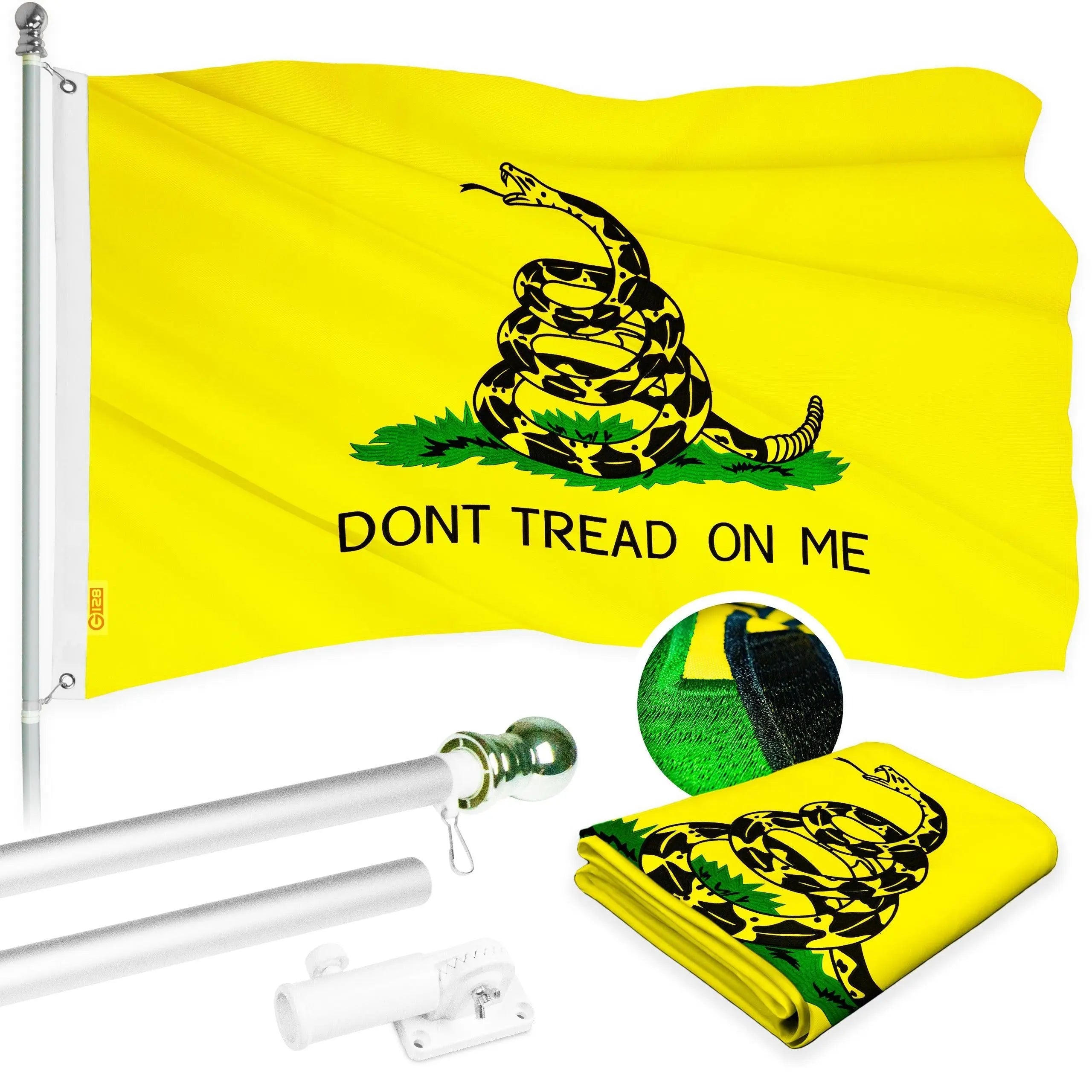G128 - 5 Feet Tangle Free Spinning Flagpole (Silver) Gadsden Flag Brass Grommets Embroidered 2x3 ft (Flag Included) Aluminum Flag Pole G128