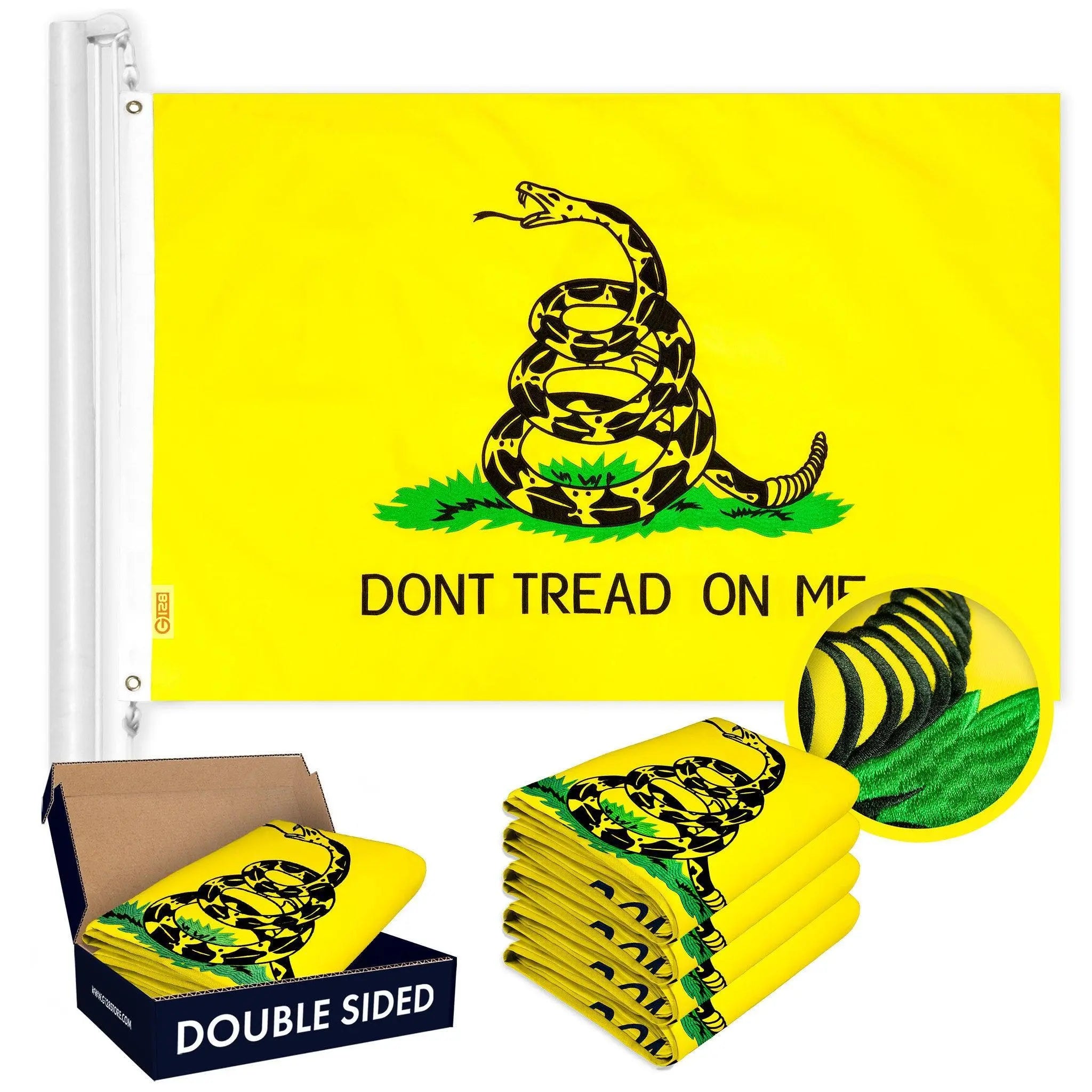 G128 5 Pack: Gadsden Don't Tread On Me Flag | 16x24 In | Double ToughWeave Series Double Sided Embroidered 210D Polyester | Historical Flag, Embroidered Design, Brass Grommets, Heavy Duty, 3-ply G128