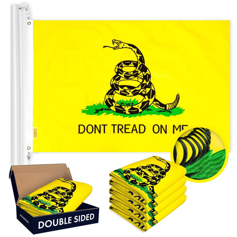 G128 5 Pack: Gadsden Don't Tread On Me Flag | 16x24 In | Double ToughWeave Series Double Sided Embroidered 210D Polyester | Historical Flag, Embroidered Design, Brass Grommets, Heavy Duty, 3-ply G128