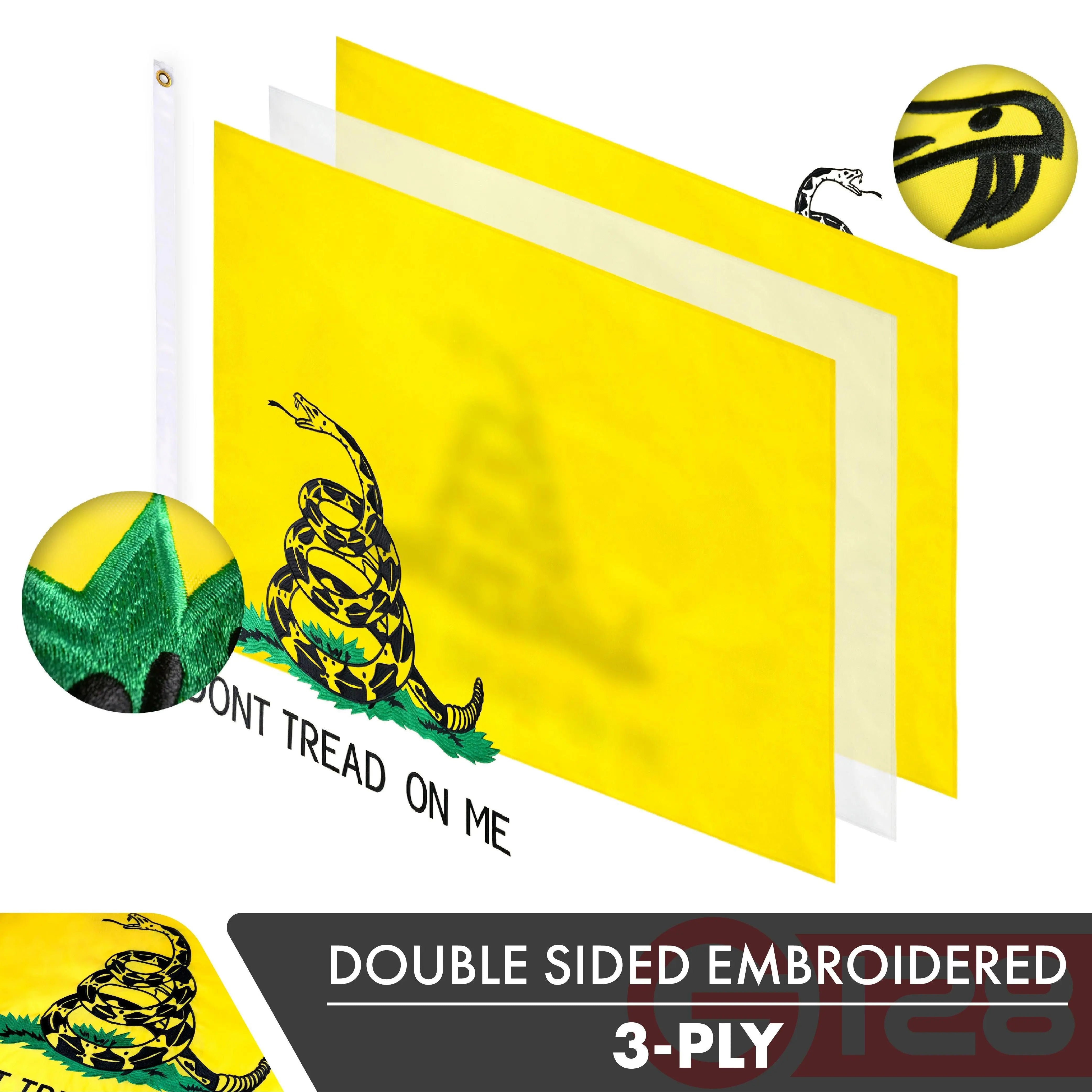 G128 5 Pack: Gadsden Don't Tread On Me Flag | 16x24 In | Double ToughWeave Series Double Sided Embroidered 210D Polyester | Historical Flag, Embroidered Design, Brass Grommets, Heavy Duty, 3-ply G128