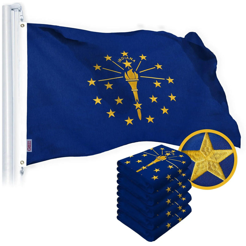 G128 5 Pack: Indiana IN State Flag | 1x1.5 Ft | StormFlyer Series Embroidered 220GSM Spun Polyester | Embroidered Design, Indoor/Outdoor, Brass Grommets, Heavy Duty, All Weather G128
