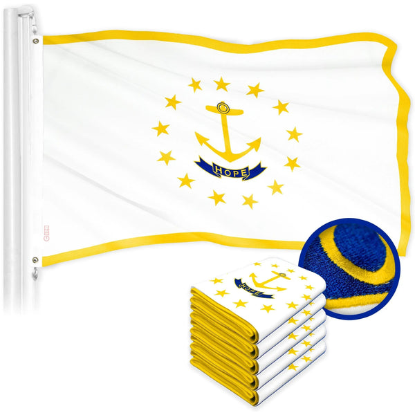 G128 5 Pack: Rhode Island RI State Flag | 2x3 Ft | ToughWeave Series Embroidered 300D Polyester | Embroidered Design, Indoor/Outdoor, Brass Grommets G128