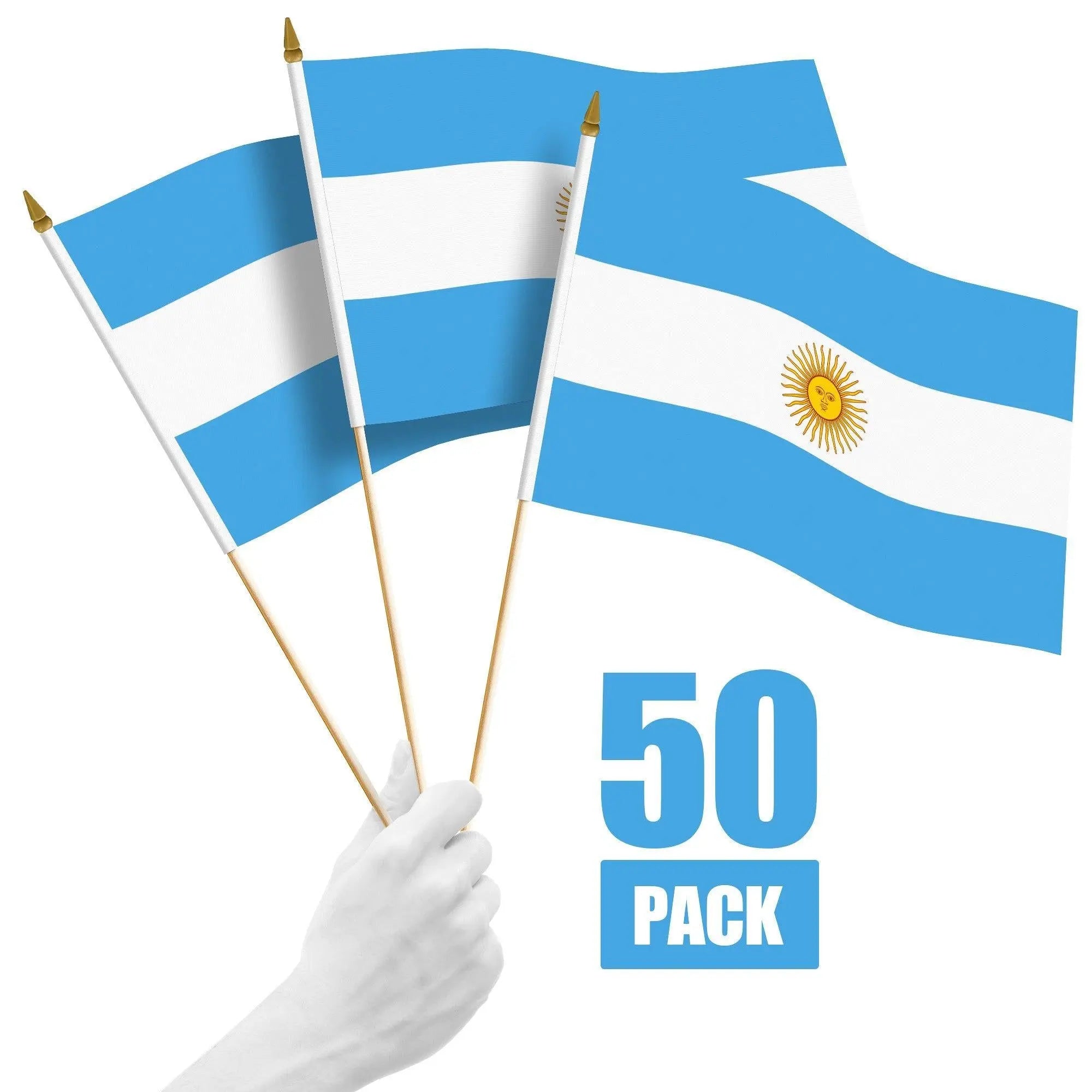 G128 50 Pack Handheld Argentina Argentinian Stick Flags | 12x18 In | Printed 150D Polyester, Country Flag, Solid Wooden Stick, Spear Gold Tip G128