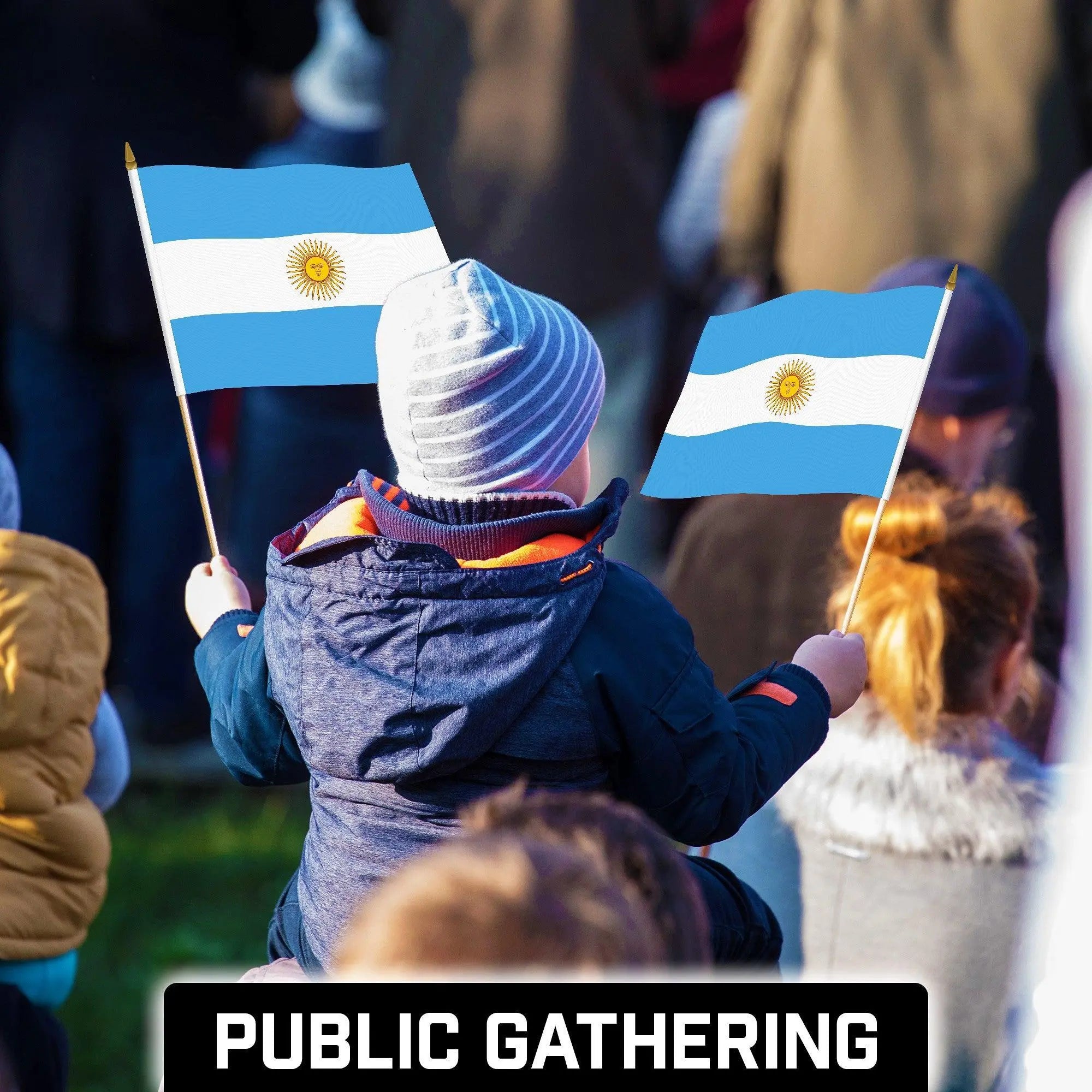 G128 50 Pack Handheld Argentina Argentinian Stick Flags | 12x18 In | Printed 150D Polyester, Country Flag, Solid Wooden Stick, Spear Gold Tip G128