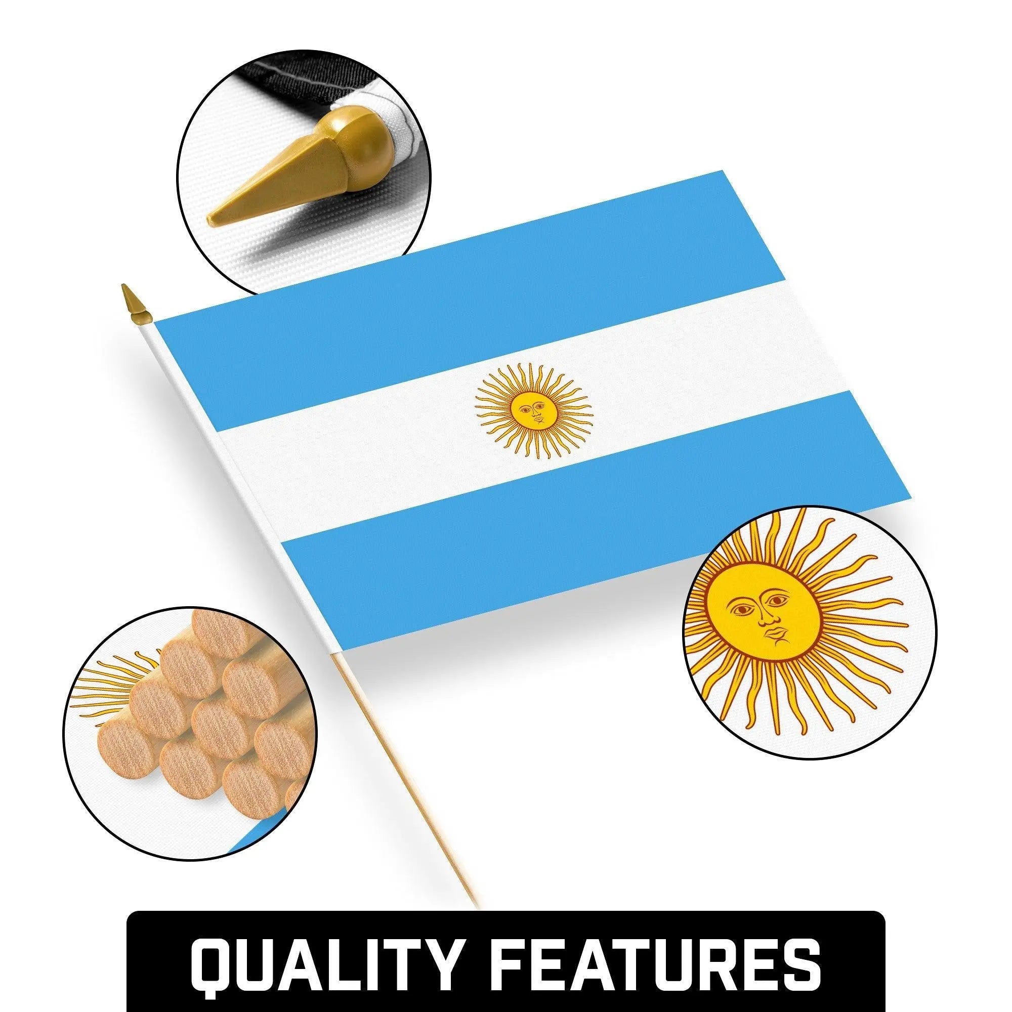 G128 50 Pack Handheld Argentina Argentinian Stick Flags | 12x18 In | Printed 150D Polyester, Country Flag, Solid Wooden Stick, Spear Gold Tip G128