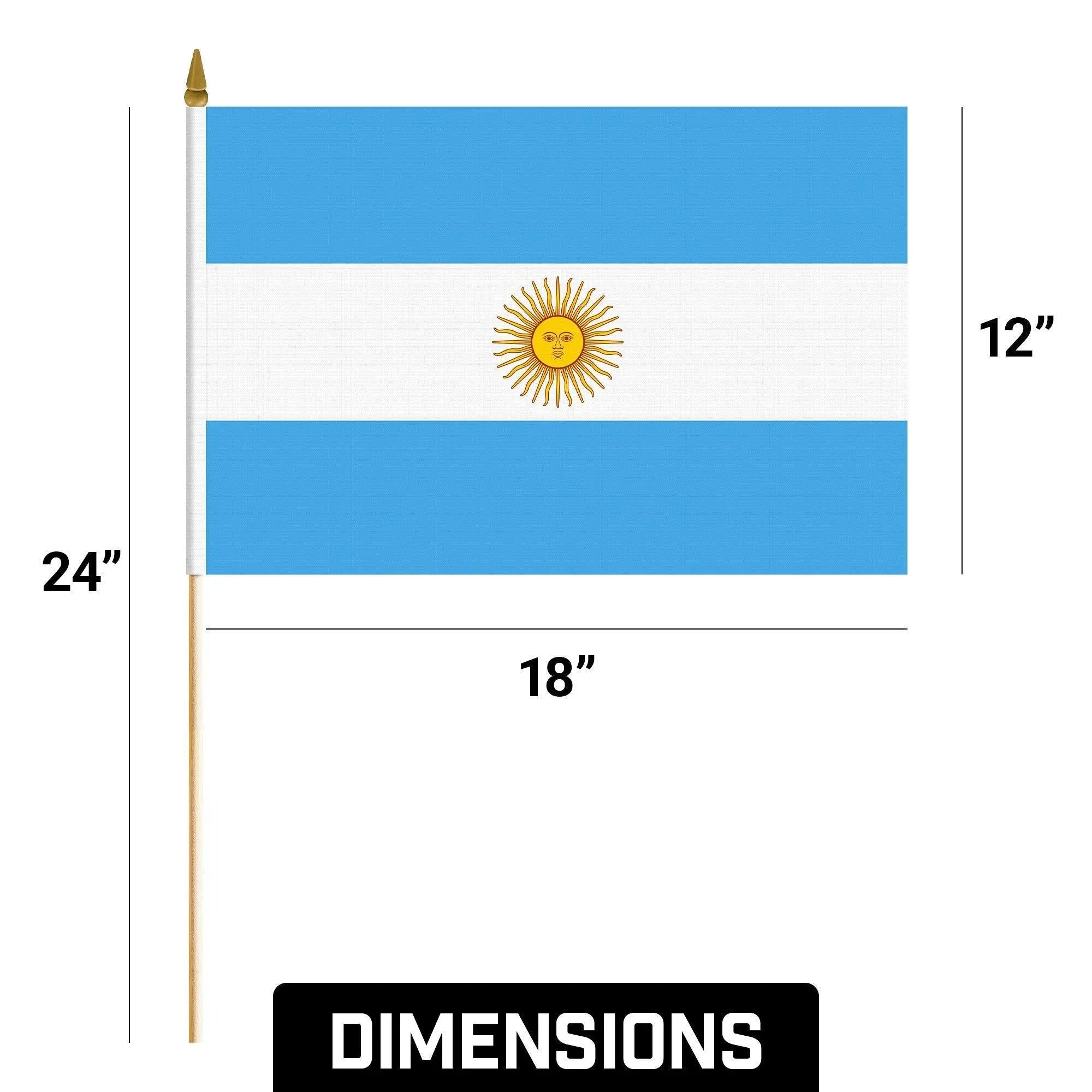G128 50 Pack Handheld Argentina Argentinian Stick Flags | 12x18 In | Printed 150D Polyester, Country Flag, Solid Wooden Stick, Spear Gold Tip G128
