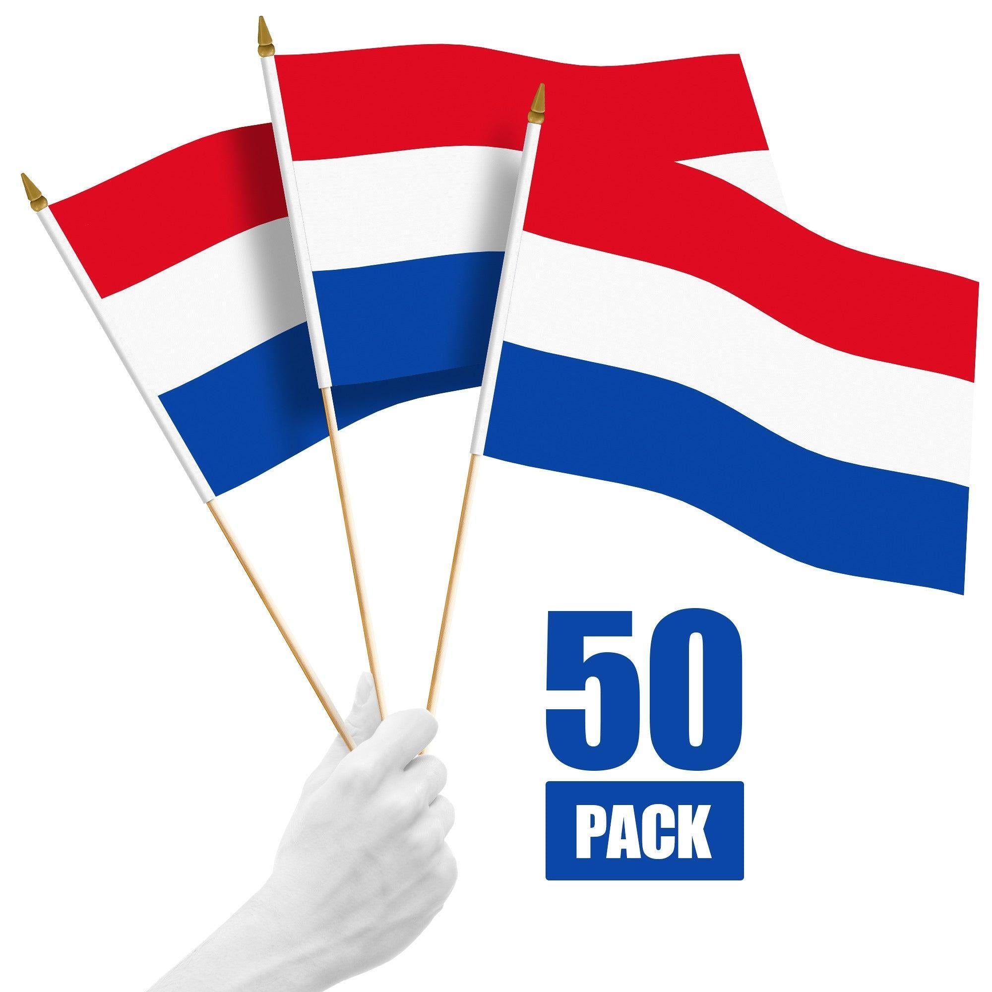 G128 50 Pack Handheld Netherlands Dutch Stick Flags | 12x18 In | Printed 150D Polyester, Country Flag, Solid Wooden Stick, Spear Gold Tip G128