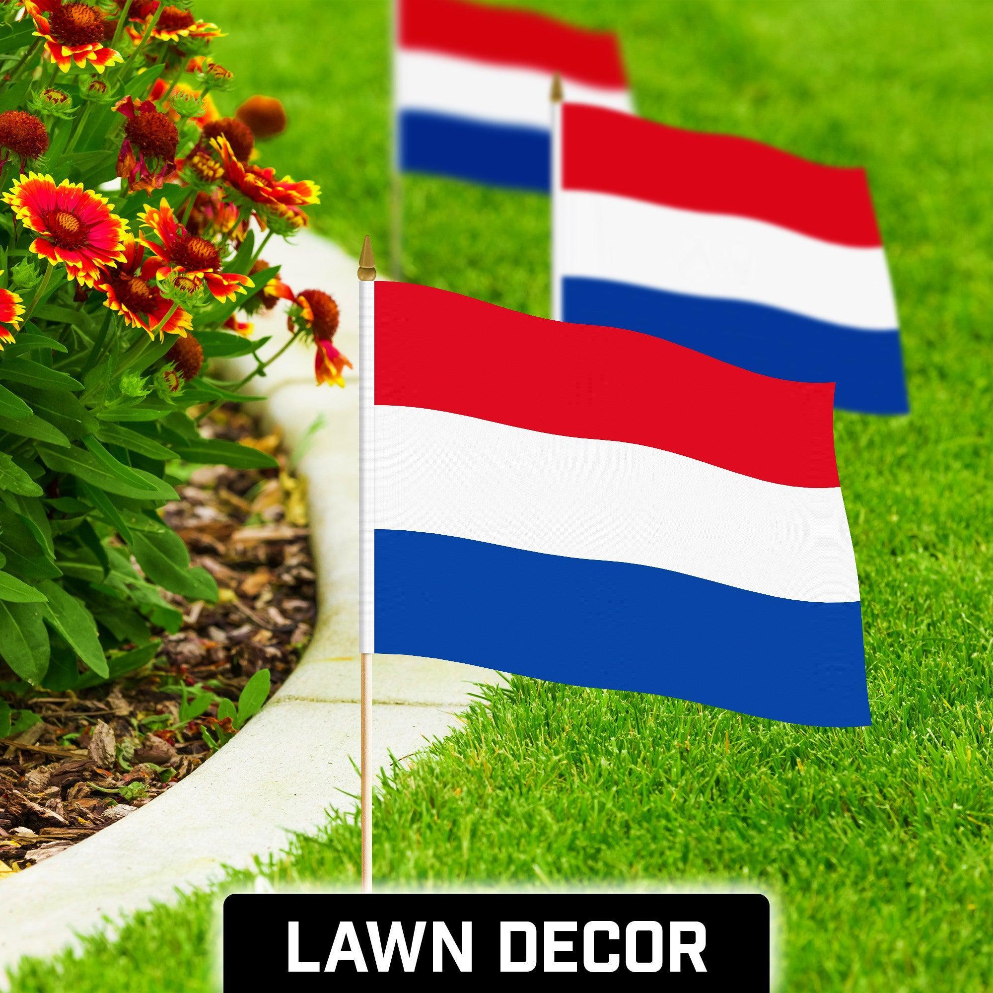 G128 50 Pack Handheld Netherlands Dutch Stick Flags | 12x18 In | Printed 150D Polyester, Country Flag, Solid Wooden Stick, Spear Gold Tip G128
