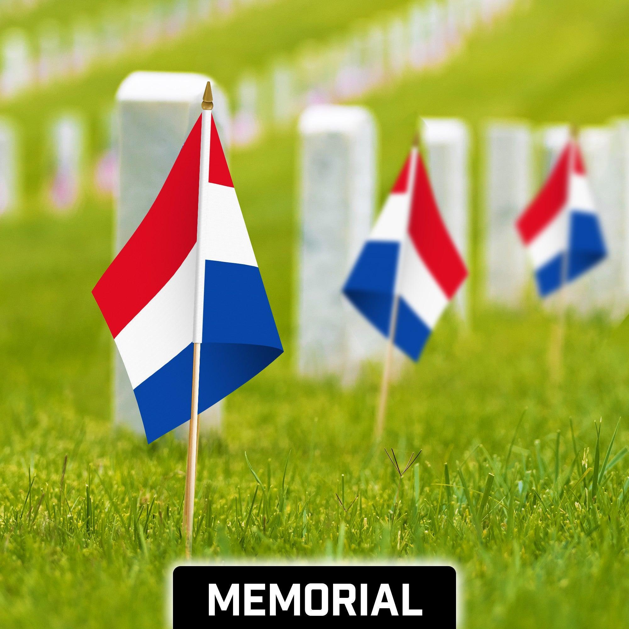 G128 50 Pack Handheld Netherlands Dutch Stick Flags | 12x18 In | Printed 150D Polyester, Country Flag, Solid Wooden Stick, Spear Gold Tip G128