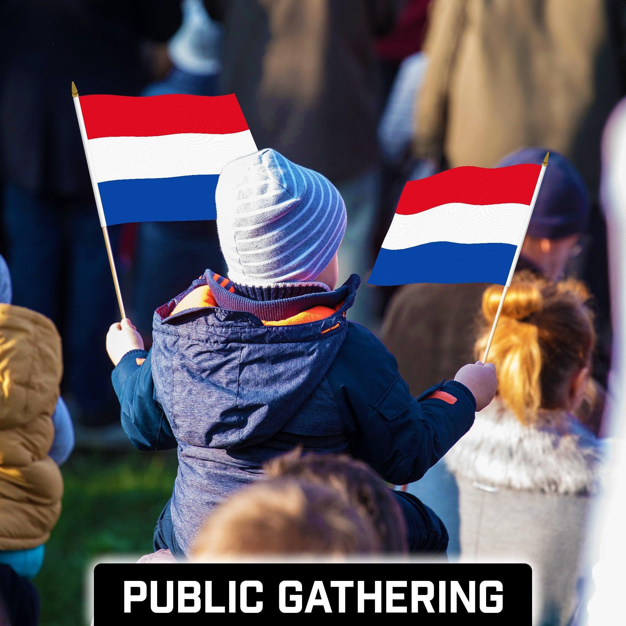 G128 50 Pack Handheld Netherlands Dutch Stick Flags | 12x18 In | Printed 150D Polyester, Country Flag, Solid Wooden Stick, Spear Gold Tip G128