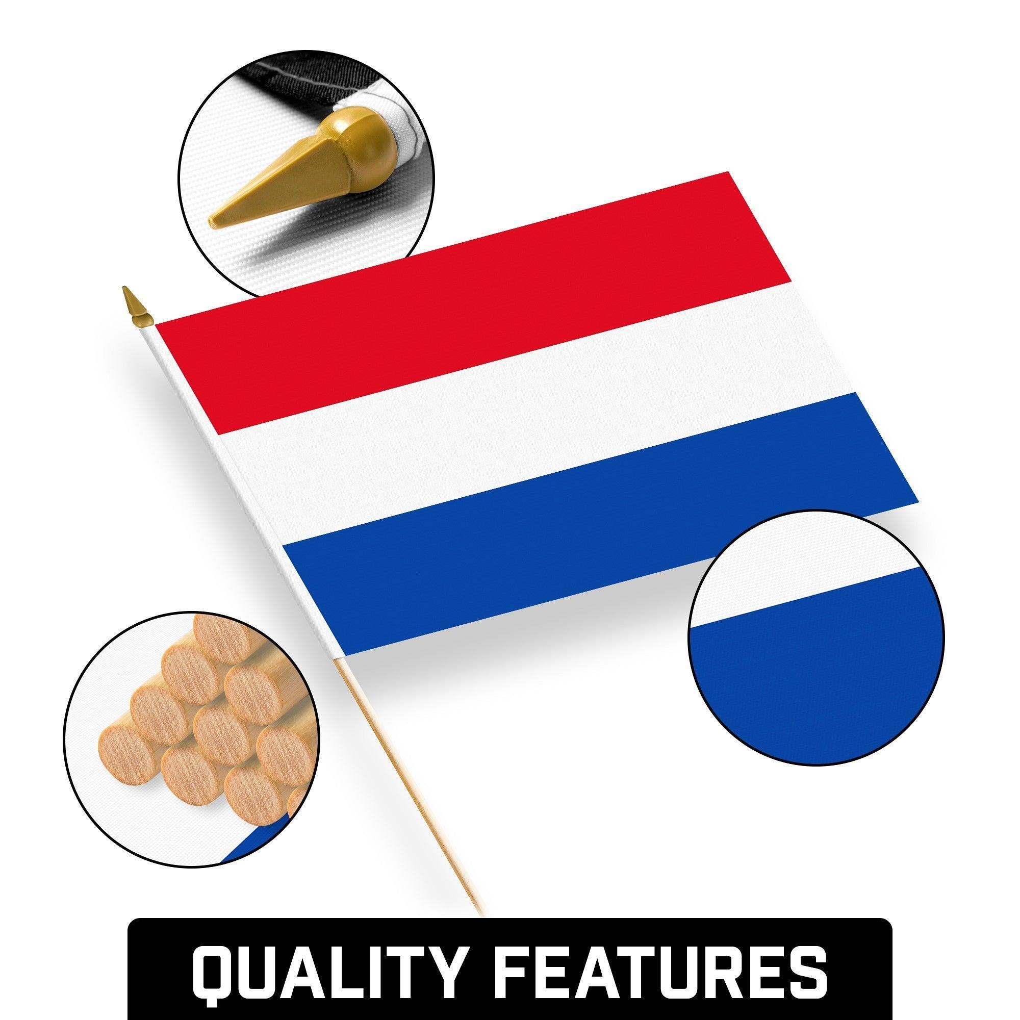 G128 50 Pack Handheld Netherlands Dutch Stick Flags | 12x18 In | Printed 150D Polyester, Country Flag, Solid Wooden Stick, Spear Gold Tip G128