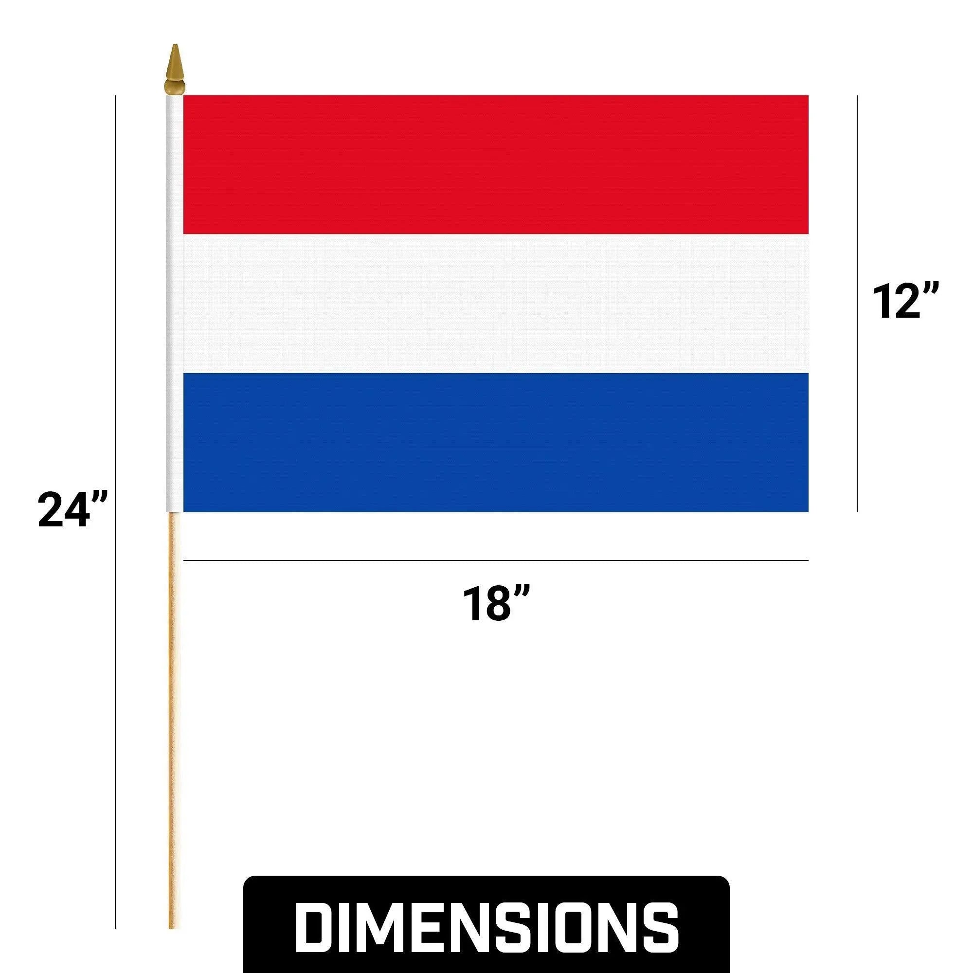 G128 50 Pack Handheld Netherlands Dutch Stick Flags | 12x18 In | Printed 150D Polyester, Country Flag, Solid Wooden Stick, Spear Gold Tip G128