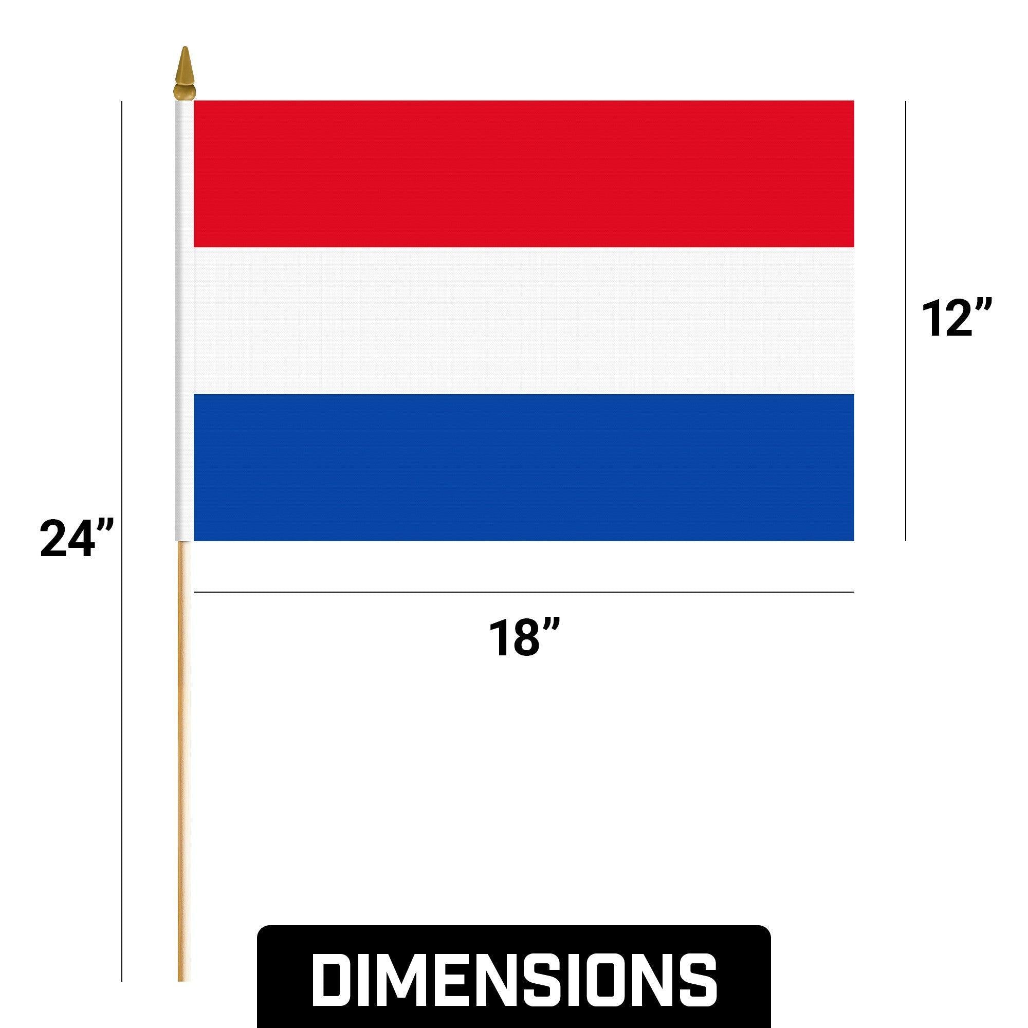 G128 50 Pack Handheld Netherlands Dutch Stick Flags | 12x18 In | Printed 150D Polyester, Country Flag, Solid Wooden Stick, Spear Gold Tip G128