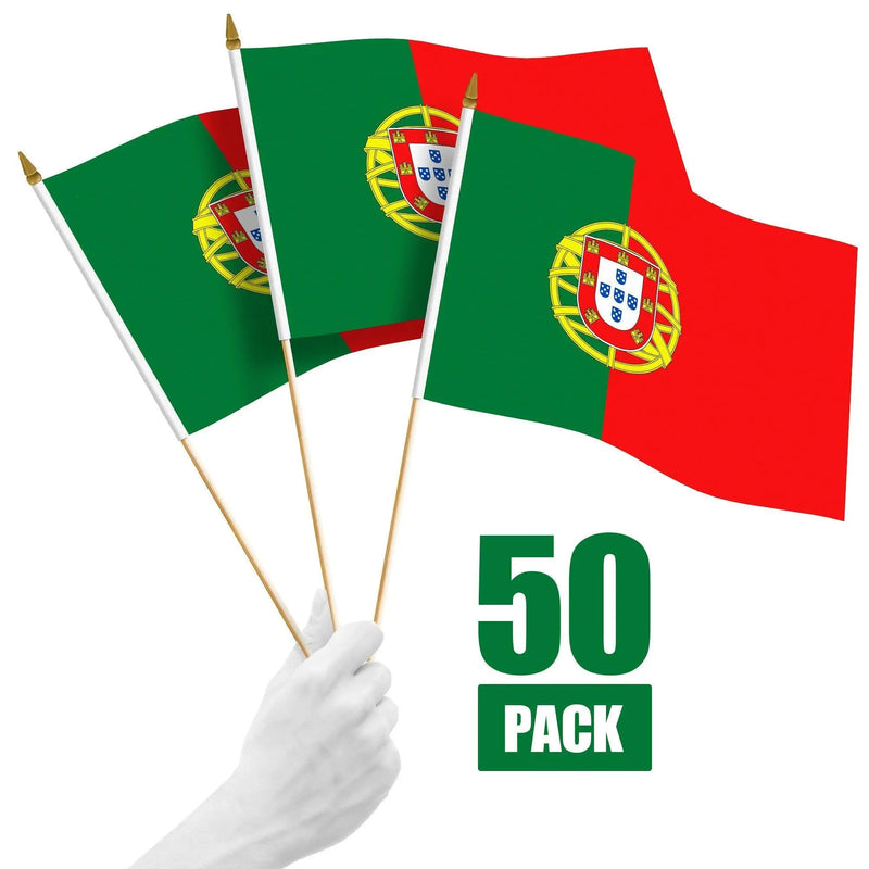 G128 50 Pack Handheld Portugal Portuguese Stick Flags | 12x18 In | Printed 150D Polyester, Country Flag, Solid Wooden Stick, Spear Gold Tip G128