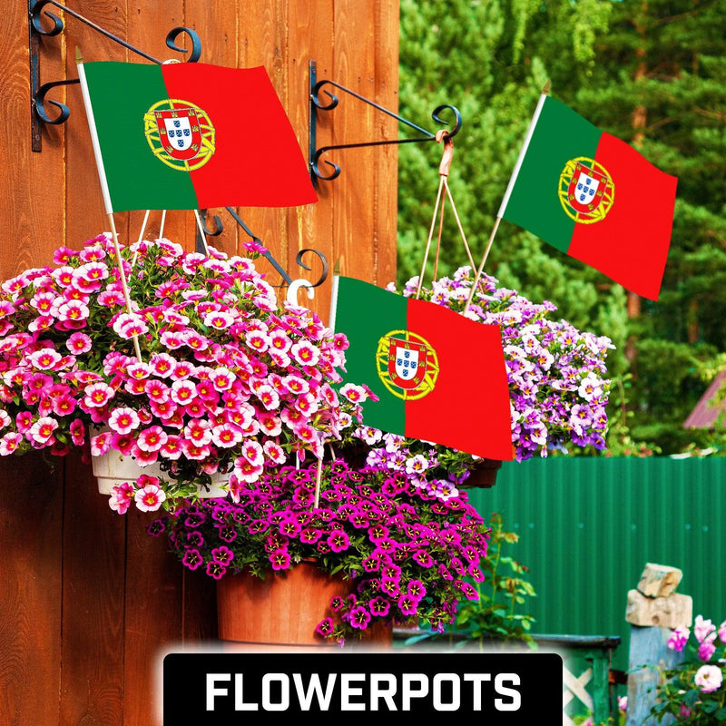 G128 50 Pack Handheld Portugal Portuguese Stick Flags | 12x18 In | Printed 150D Polyester, Country Flag, Solid Wooden Stick, Spear Gold Tip G128