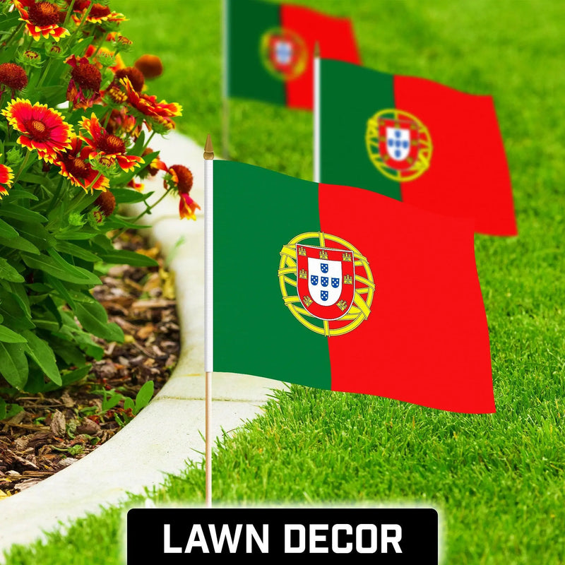 G128 50 Pack Handheld Portugal Portuguese Stick Flags | 12x18 In | Printed 150D Polyester, Country Flag, Solid Wooden Stick, Spear Gold Tip G128
