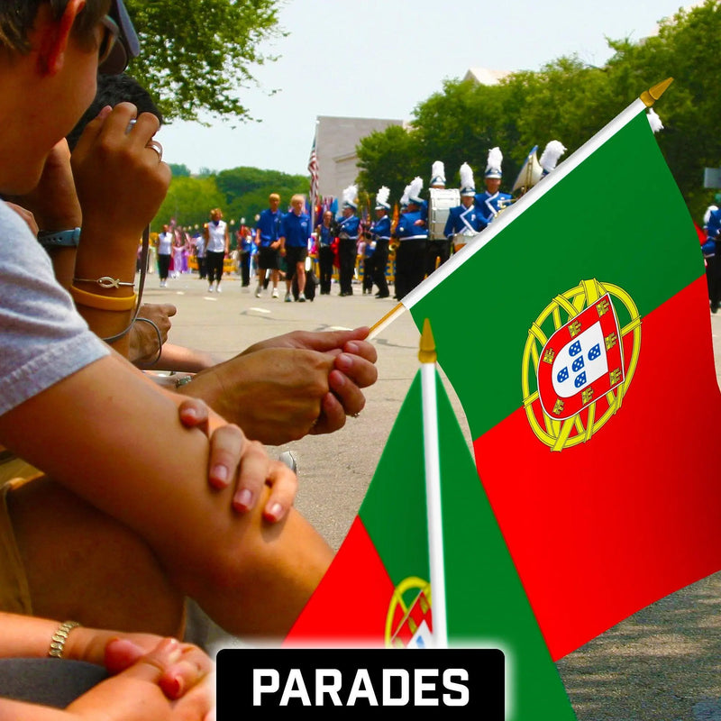 G128 50 Pack Handheld Portugal Portuguese Stick Flags | 12x18 In | Printed 150D Polyester, Country Flag, Solid Wooden Stick, Spear Gold Tip G128