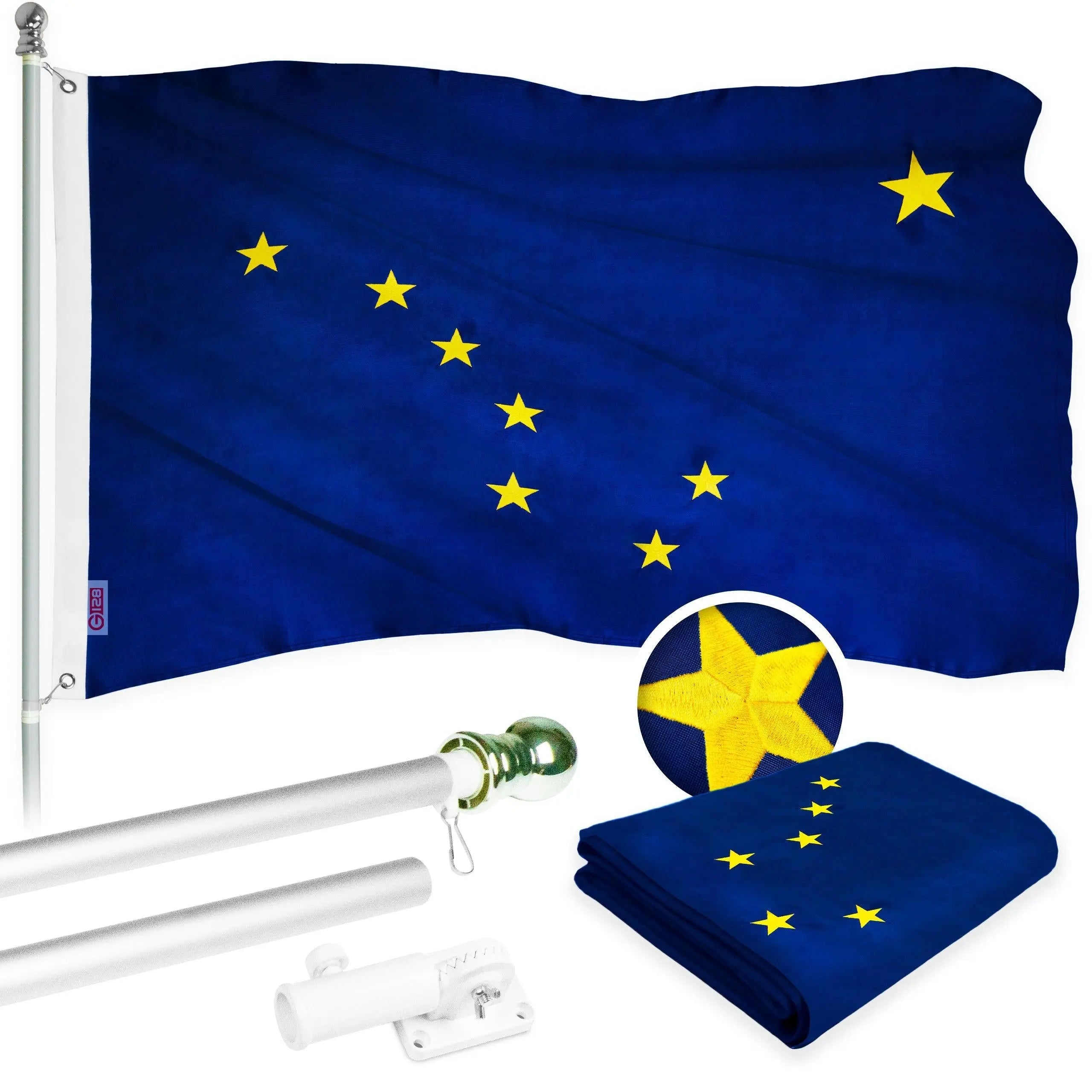 G128 - 6 Feet Tangle Free Spinning Flagpole (Silver) Alaska Flag Brass Grommets Embroidered 3x5 ft (Flag Included) Aluminum Flag Pole G128