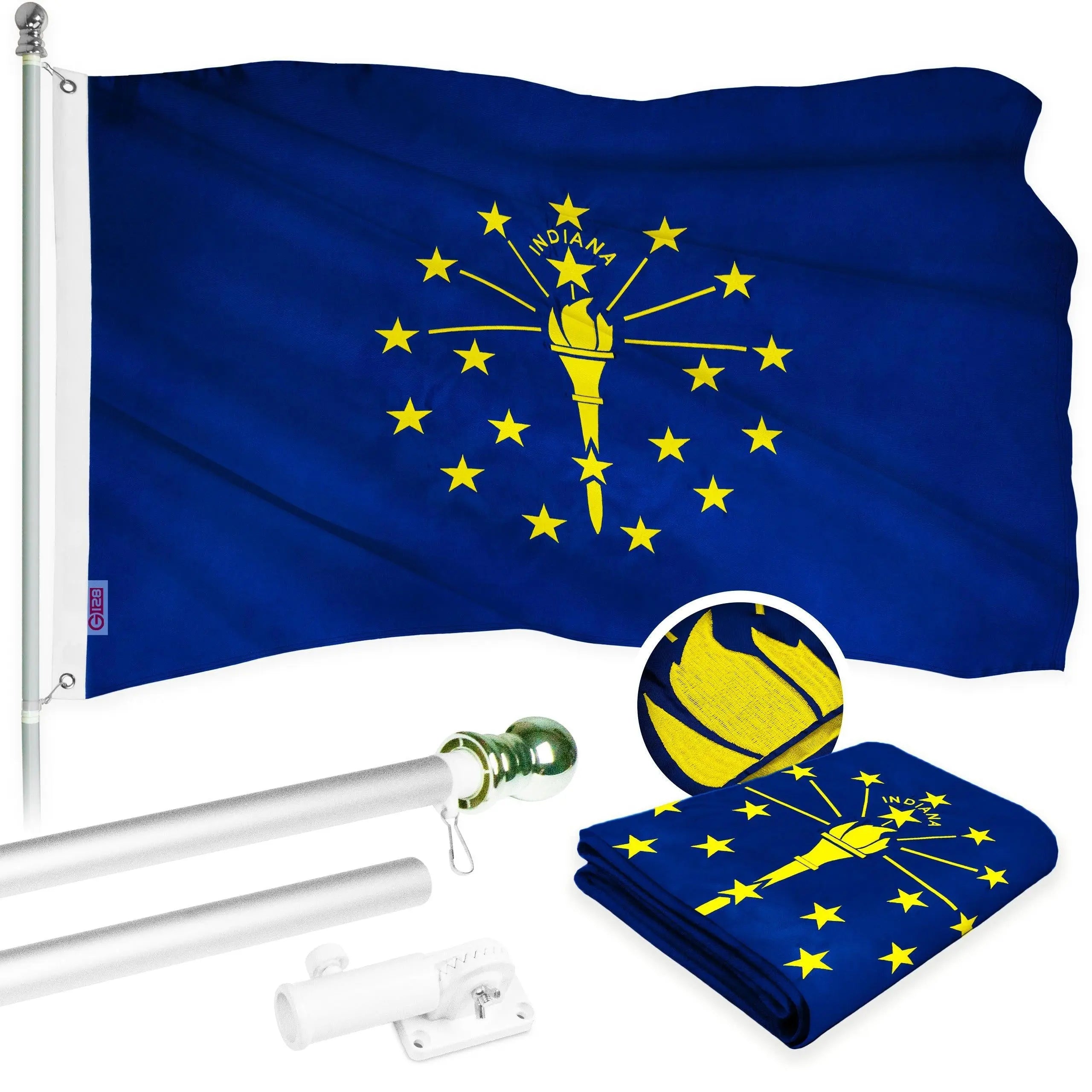 G128 - 6 Feet Tangle Free Spinning Flagpole (Silver) Indiana Flag Brass Grommets Embroidered 3x5 ft (Flag Included) Aluminum Flag Pole G128