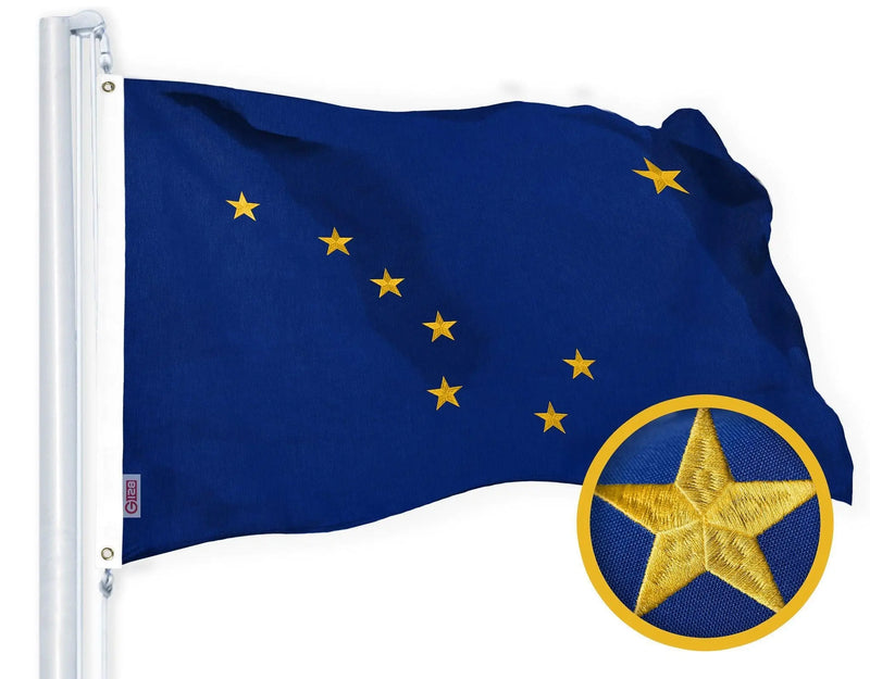 G128 Alaska State Flag | 2.5x4 Ft | StormFlyer Series Embroidered 220GSM Spun Polyester | Embroidered Design, Indoor/Outdoor, Brass Grommets, Heavy Duty, All Weather G128