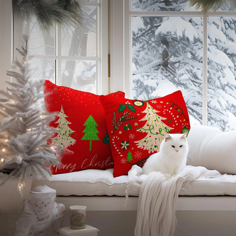 G128 Christmas Decoration Elegant Pine Spruce Waterproof Throw Pillow | 18 x 18 in | Set of 4, Beautiful Cushion Covers for Christmas Sofa Couch Decoration, Pillow Insert Included G128