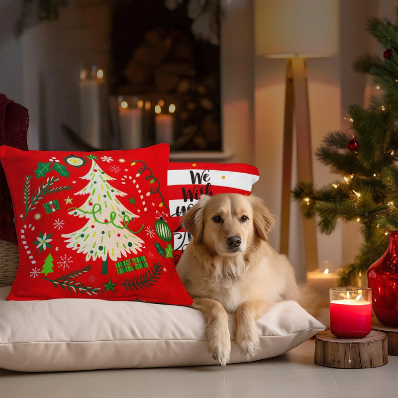 G128 Christmas Decoration Elegant Pine Spruce Waterproof Throw Pillow | 18 x 18 in | Set of 4, Beautiful Cushion Covers for Christmas Sofa Couch Decoration, Pillow Insert Included G128