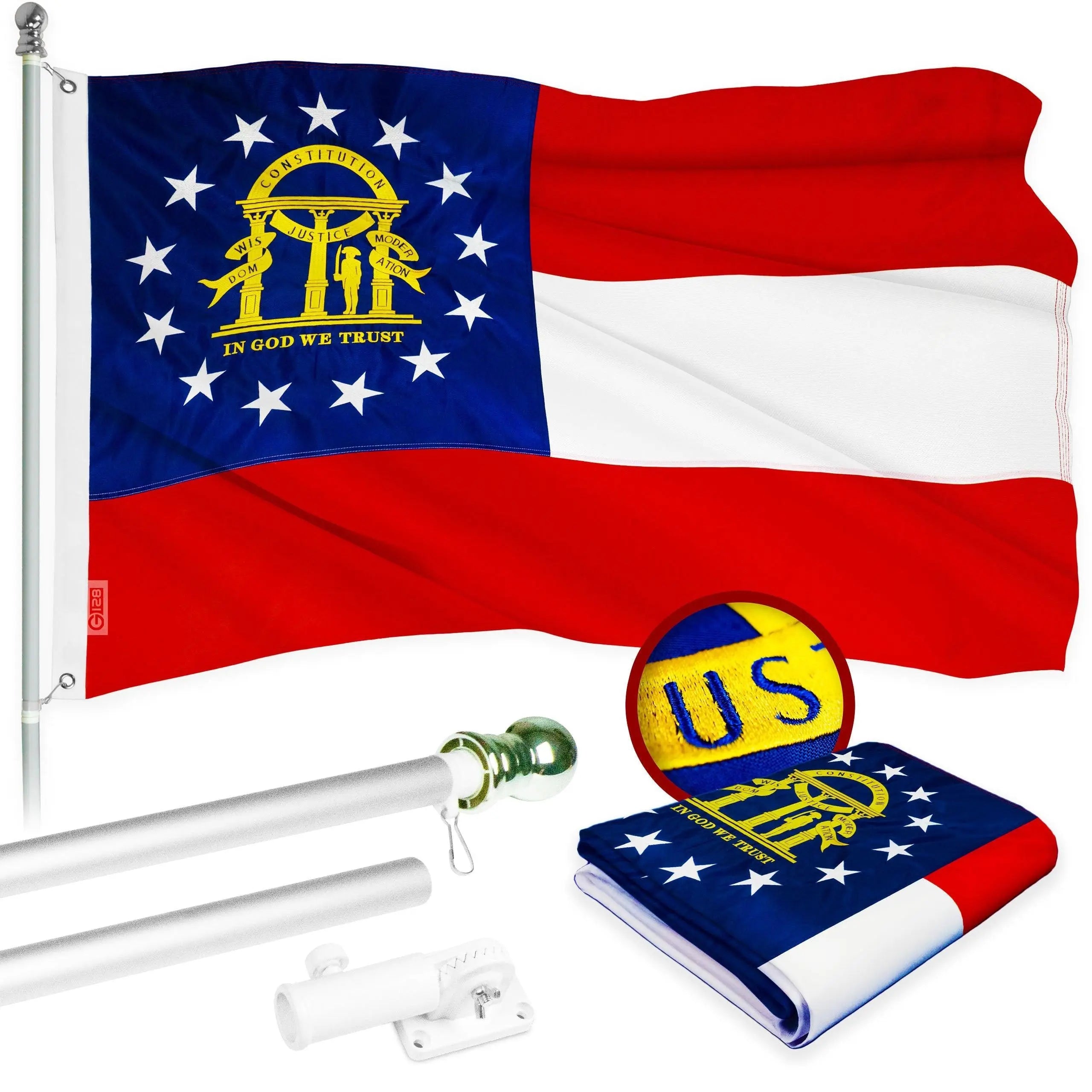 G128 Combo Pack: 5 Ft Tangle Free Aluminum Spinning Flagpole (Silver) & Georgia GA State Flag 2x3 Ft, ToughWeave Series Embroidered 300D Polyester | Pole with Flag Included G128