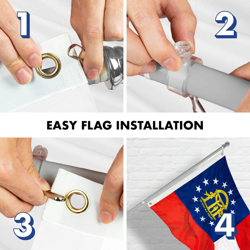 G128 Combo Pack: 5 Ft Tangle Free Aluminum Spinning Flagpole (Silver) & Georgia GA State Flag 2x3 Ft, ToughWeave Series Embroidered 300D Polyester | Pole with Flag Included G128