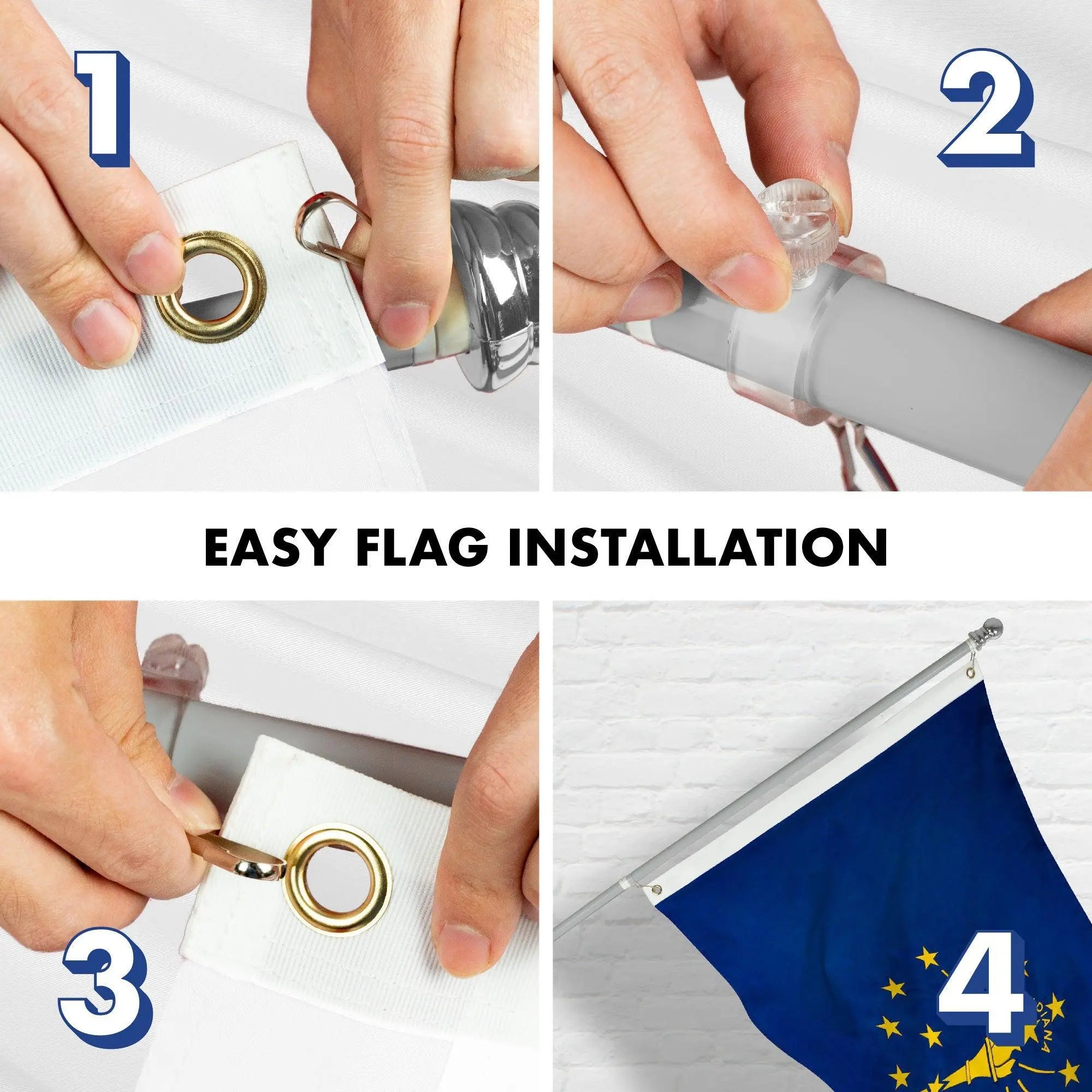 G128 Combo Pack: 5 Ft Tangle Free Aluminum Spinning Flagpole (Silver) & Indiana IN State Flag 2.5x4 Ft, ToughWeave Series Embroidered 300D Polyester | Pole with Flag Included G128