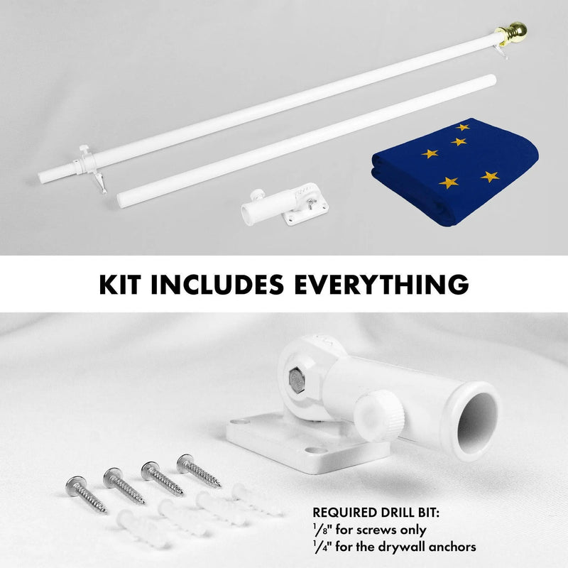 G128 Combo Pack: 5 Ft Tangle Free Spinning Flagpole (White) & Alaska Flag 2x3 Ft Embroidered 220GSM Spun Polyester, Brass Grommets (Flag Included) Aluminum Flag Pole G128